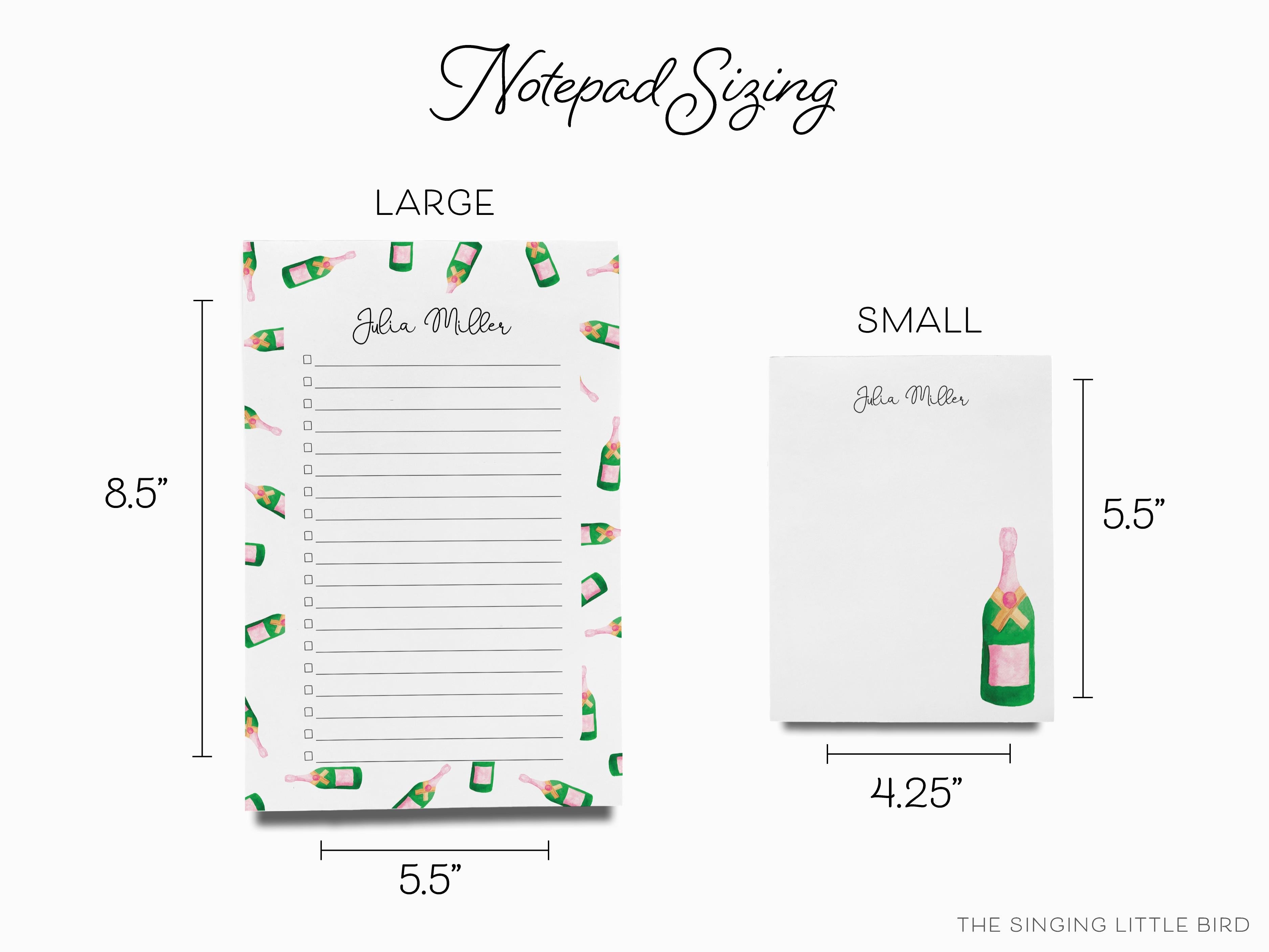 Personalized Champagne Bottle Notepad-These personalized notepads feature our hand-painted watercolor champagne bottles, printed in the USA on a beautiful smooth stock. You choose which size you want (or bundled together for a beautiful gift set) and makes a great gift for the checklist and bubbly lover in your life.-The Singing Little Bird