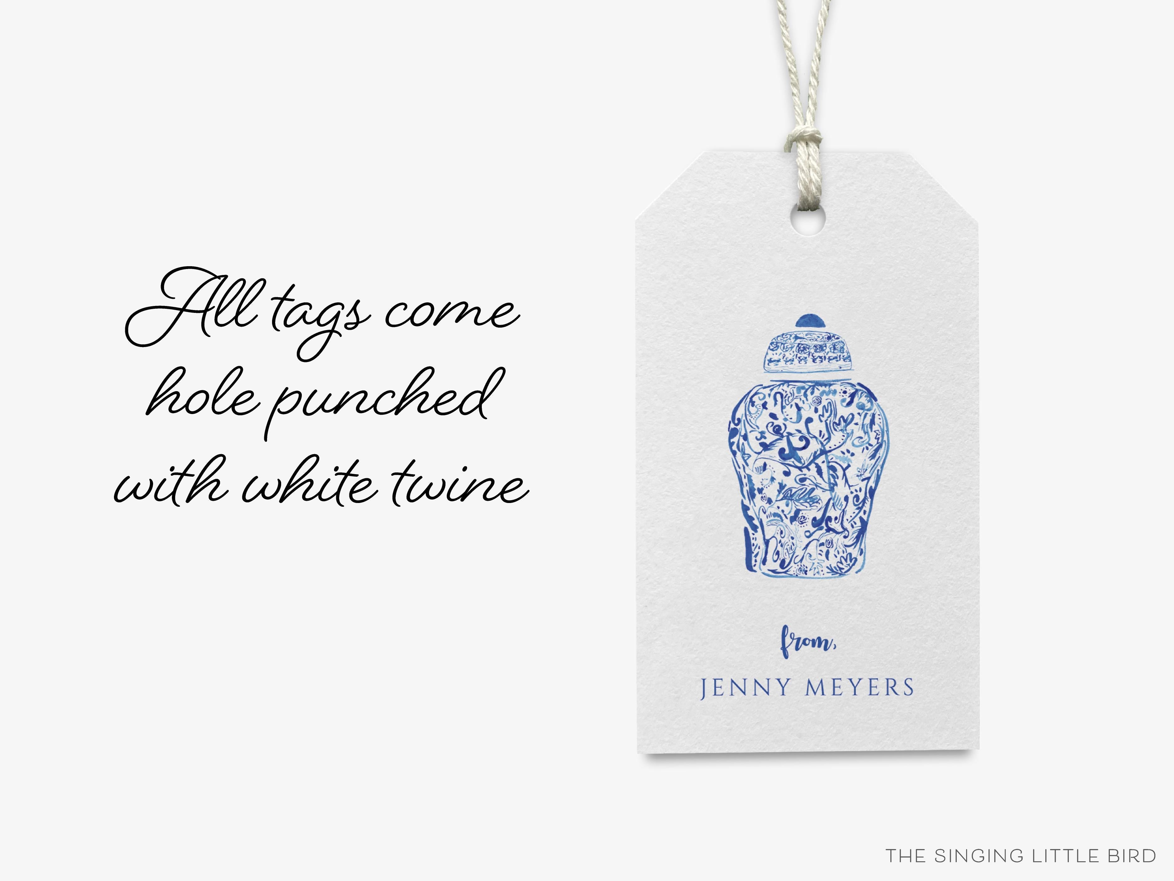 Personalized Ginger Jar Gift Tags-These gift tags come in sets, hole-punched with white twine and feature our hand-painted watercolor ginger jars, printed in the USA on 120lb textured stock. They make great tags for gifting or gifts for the chinoiserie lover in your life.-The Singing Little Bird