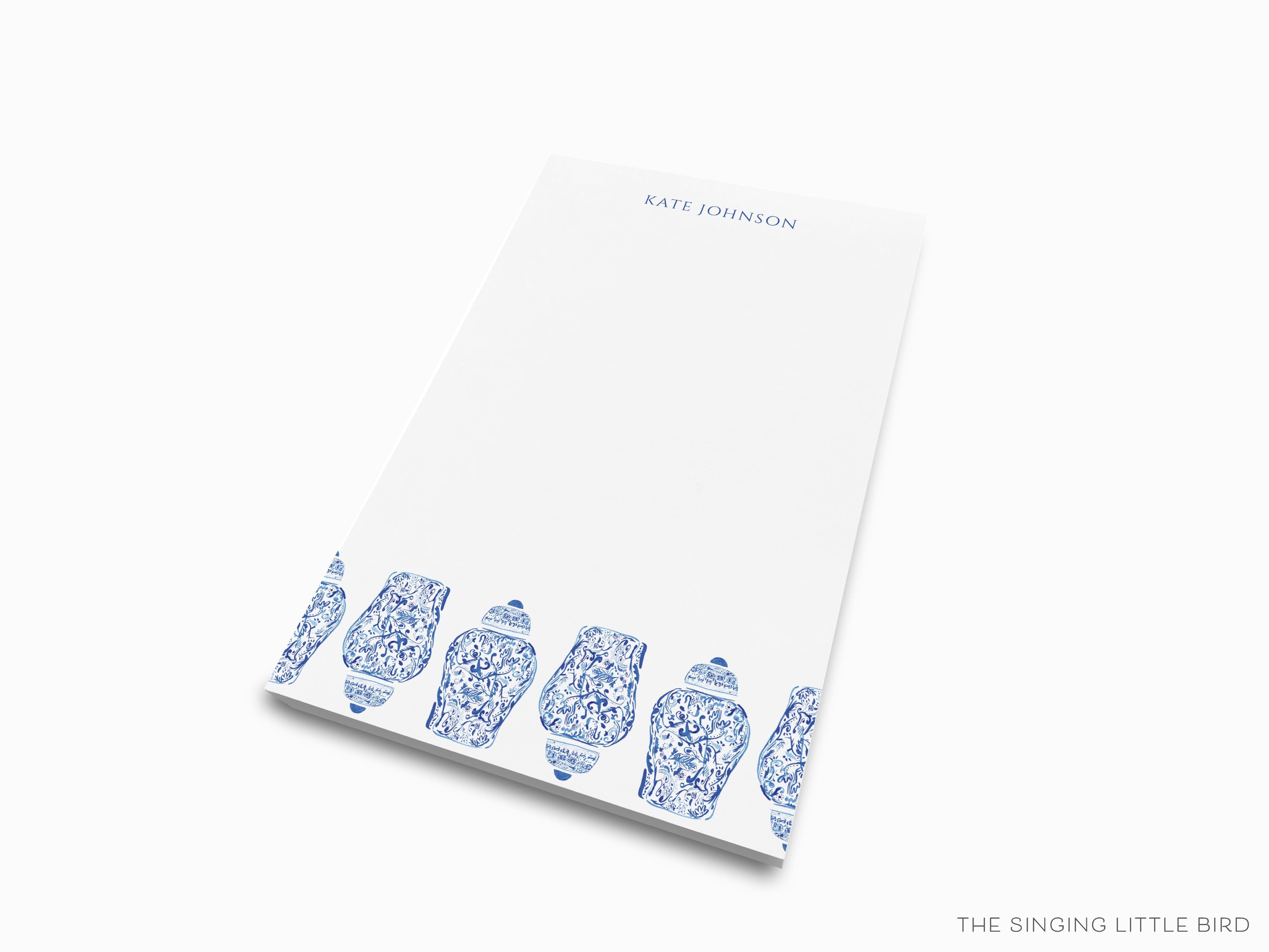 Personalized Ginger Jar Notepad-These personalized notepads feature our hand-painted watercolor Ginger Jar, printed in the USA on a beautiful smooth stock. You choose which size you want (or bundled together for a beautiful gift set) and makes a great gift for the checklist and chinoiserie lover in your life.-The Singing Little Bird