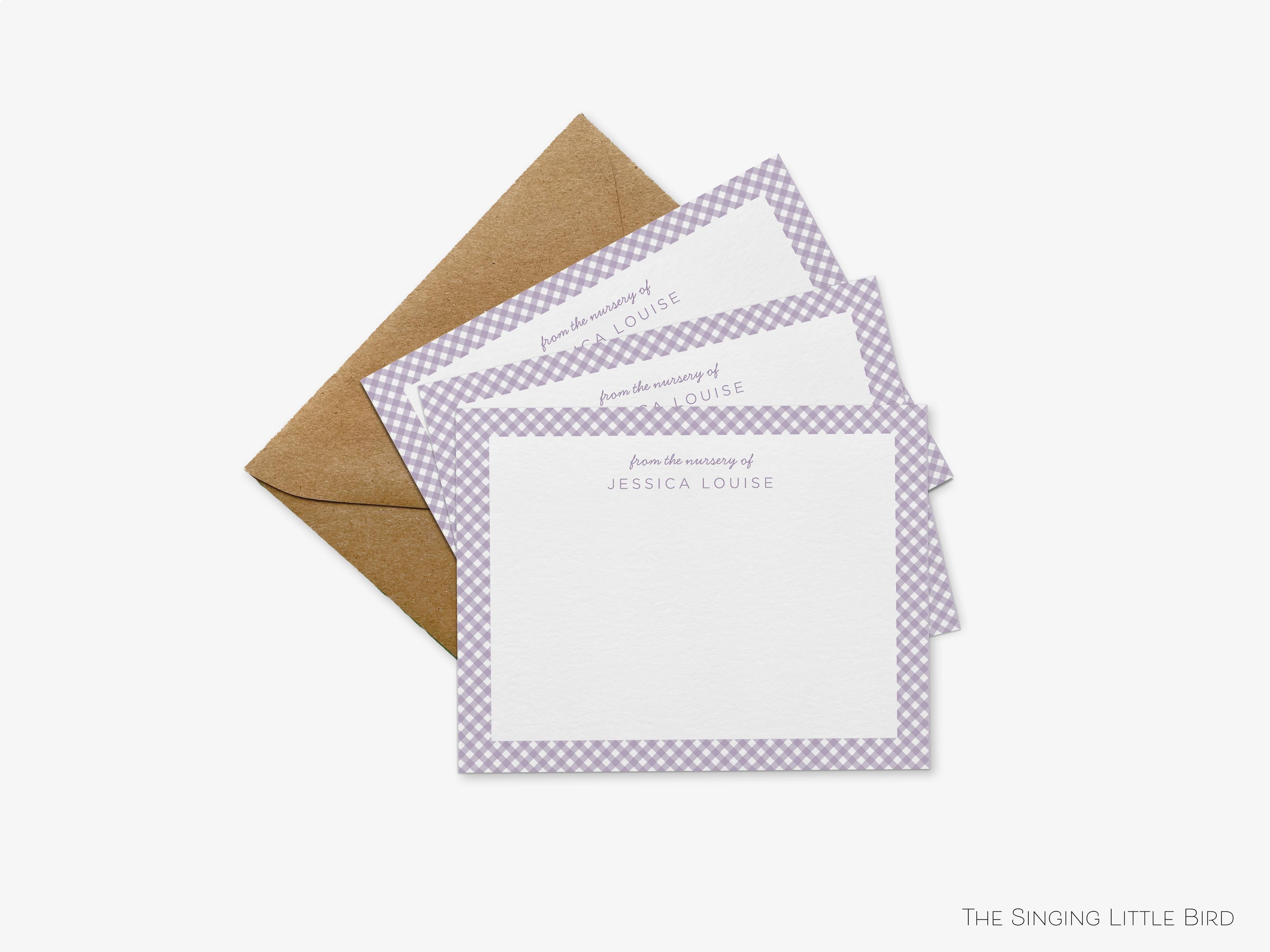 Personalized Gingham Nursery Notecards-These personalized flat notecards are 4.25x5.5 and feature our gingham pattern in 5 different colors, printed in the USA on 120lb textured stock. They come with your choice of envelopes and make great thank yous and gifts for the new baby in your life.-The Singing Little Bird