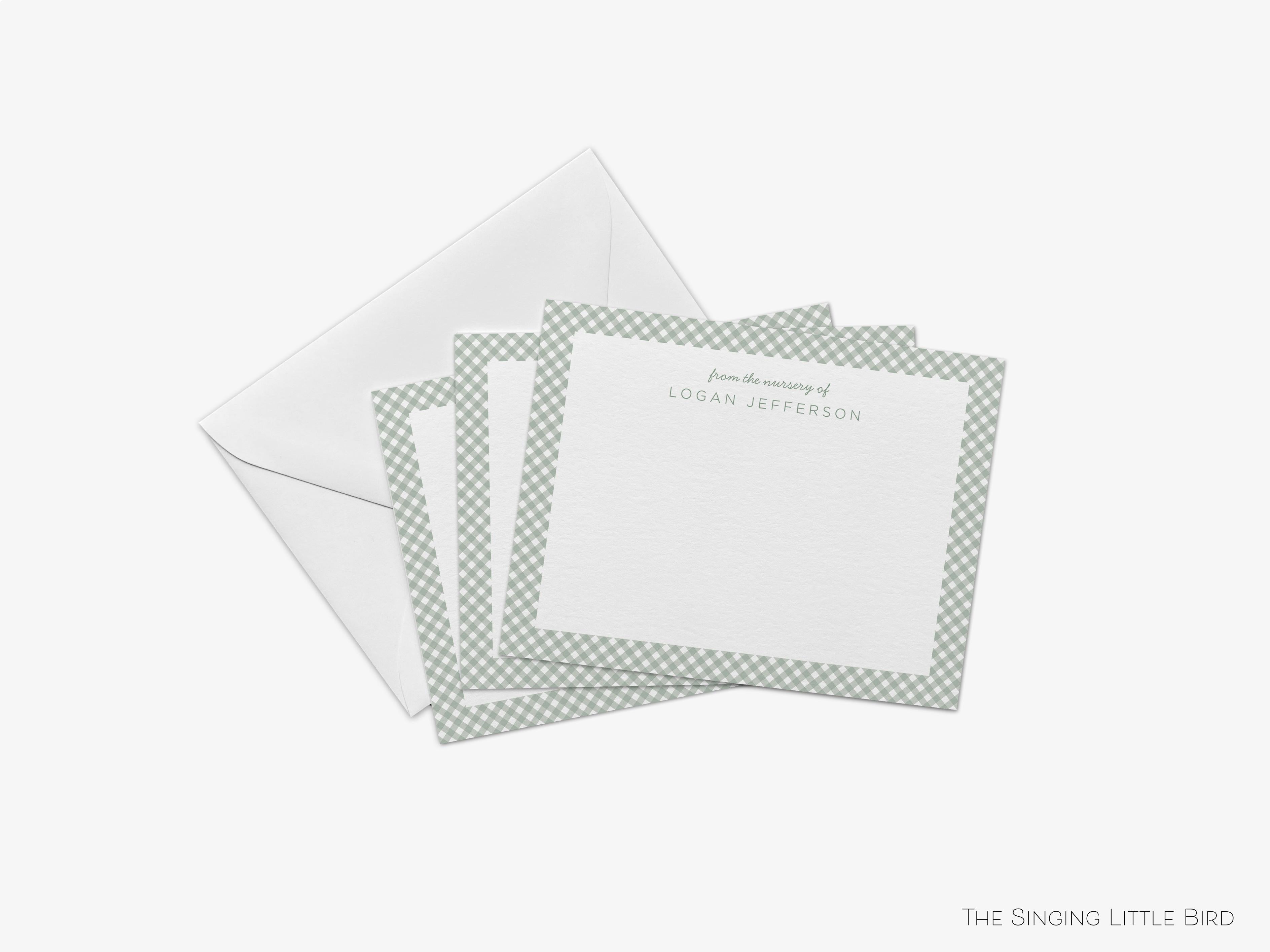 Personalized Gingham Nursery Notecards-These personalized flat notecards are 4.25x5.5 and feature our gingham pattern in 5 different colors, printed in the USA on 120lb textured stock. They come with your choice of envelopes and make great thank yous and gifts for the new baby in your life.-The Singing Little Bird