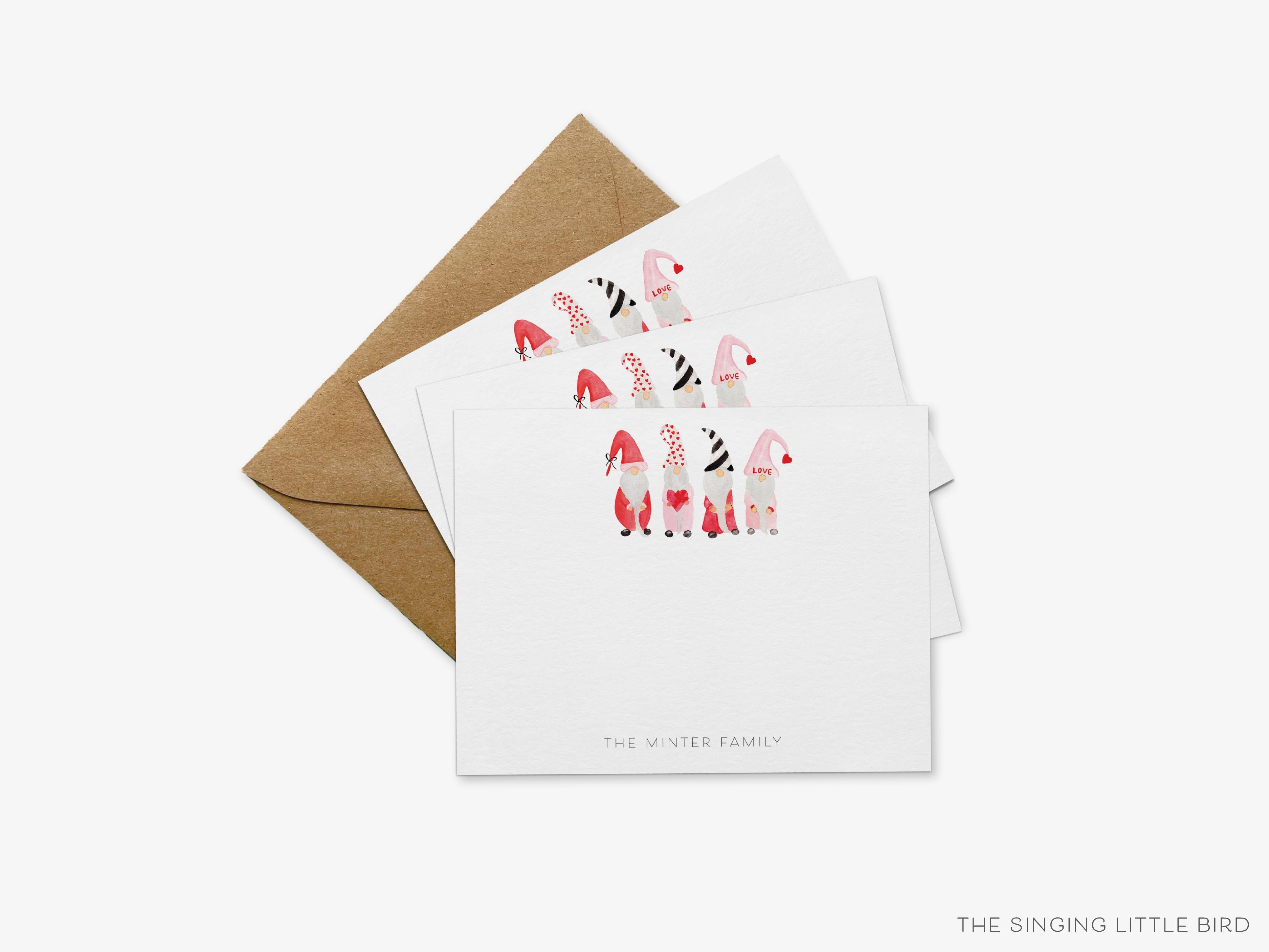 Personalized Gnome Lover Flat Notes-These personalized flat notecards are 4.25x5.5 and feature our hand-painted watercolor Gnomes, printed in the USA on 120lb textured stock. They come with your choice of envelopes and make great thank yous and gifts for the gnome lover in your life.-The Singing Little Bird