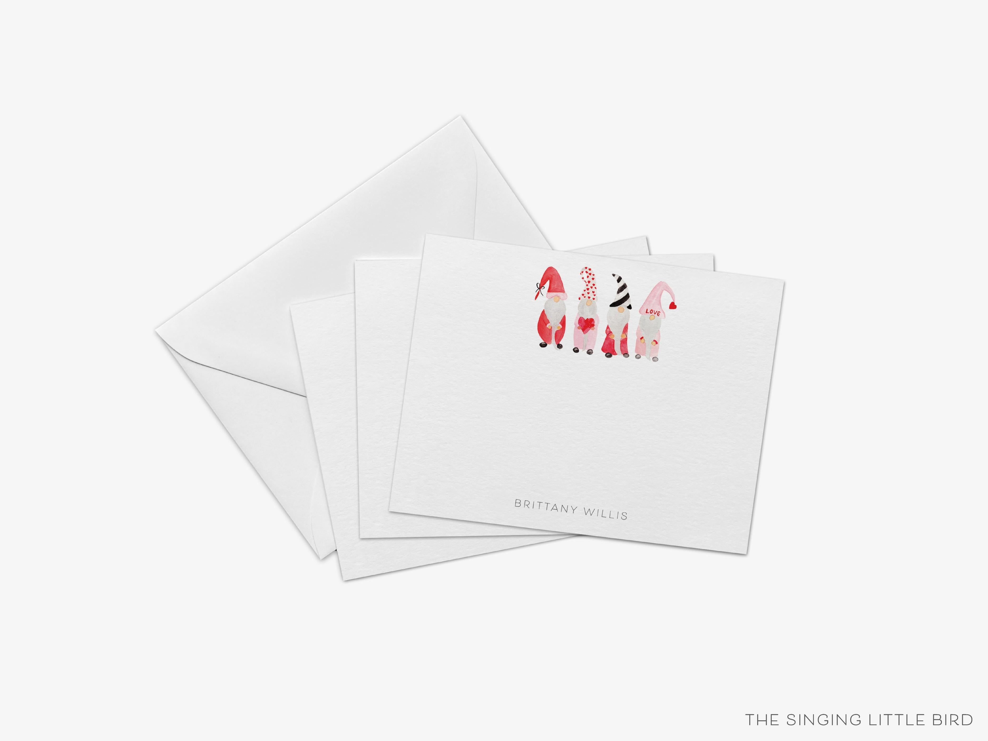 Personalized Gnome Lover Flat Notes-These personalized flat notecards are 4.25x5.5 and feature our hand-painted watercolor Gnomes, printed in the USA on 120lb textured stock. They come with your choice of envelopes and make great thank yous and gifts for the gnome lover in your life.-The Singing Little Bird