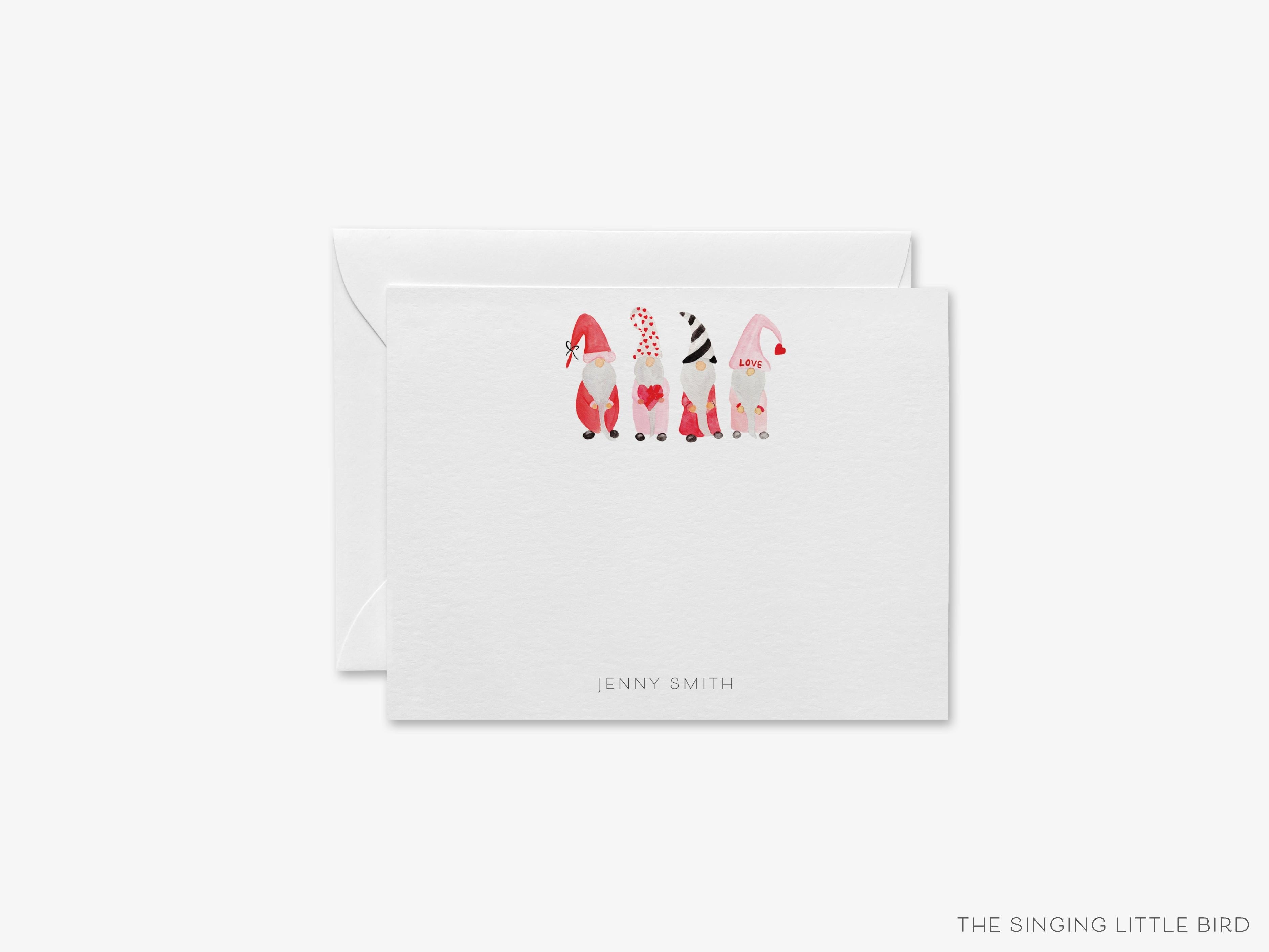Personalized Gnome Lover Flat Notes-These personalized flat notecards are 4.25x5.5 and feature our hand-painted watercolor Gnomes, printed in the USA on 120lb textured stock. They come with your choice of envelopes and make great thank yous and gifts for the gnome lover in your life.-The Singing Little Bird