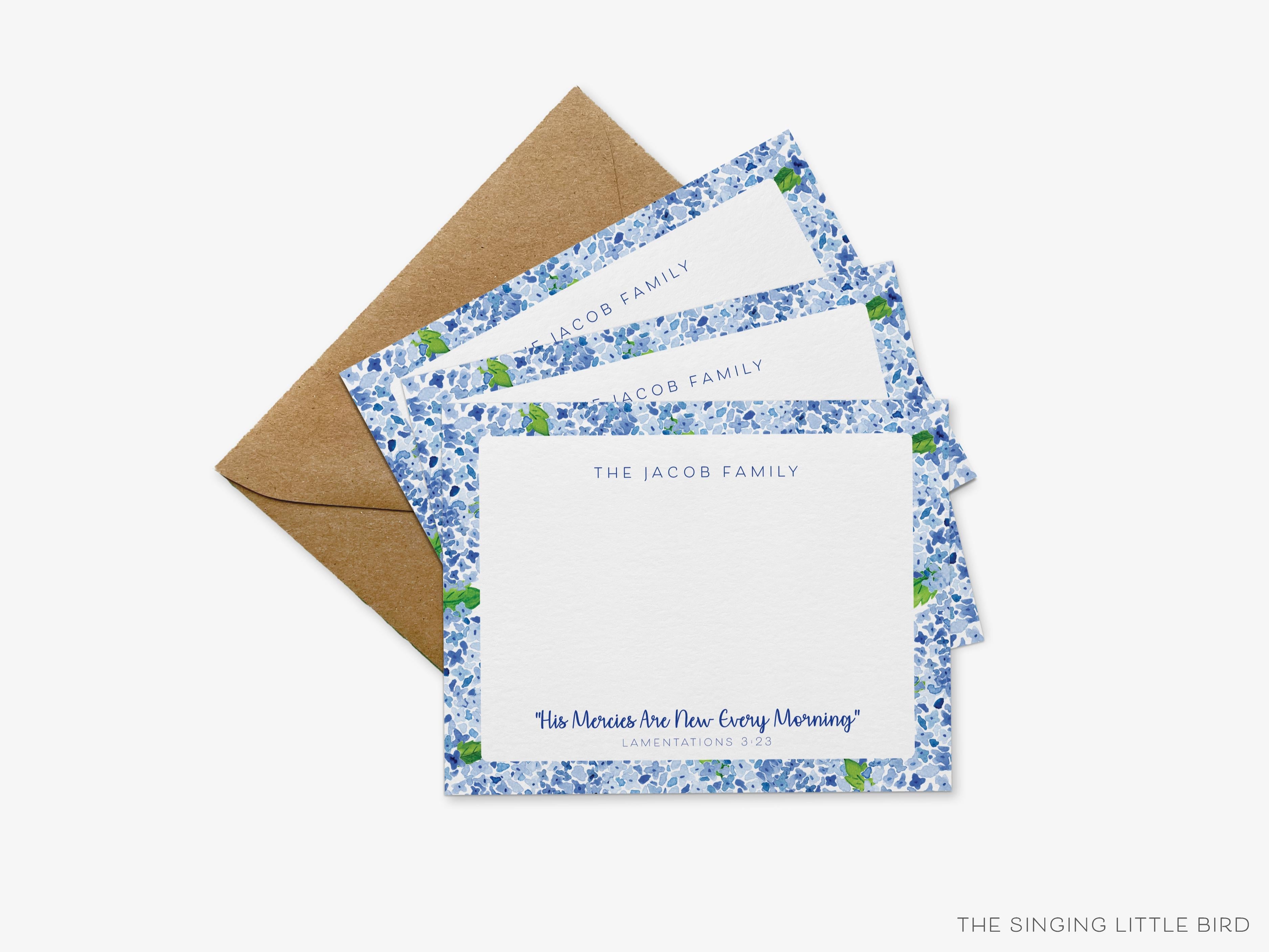 Personalized His Mercies Are New Bible Verse Flat Notes-These personalized flat notecards are 4.25x5.5 and feature our hand-painted watercolor hydrangeas, printed in the USA on 120lb textured stock. They come with your choice of envelopes and make great thank yous and gifts for the Christian lover in your life.-The Singing Little Bird