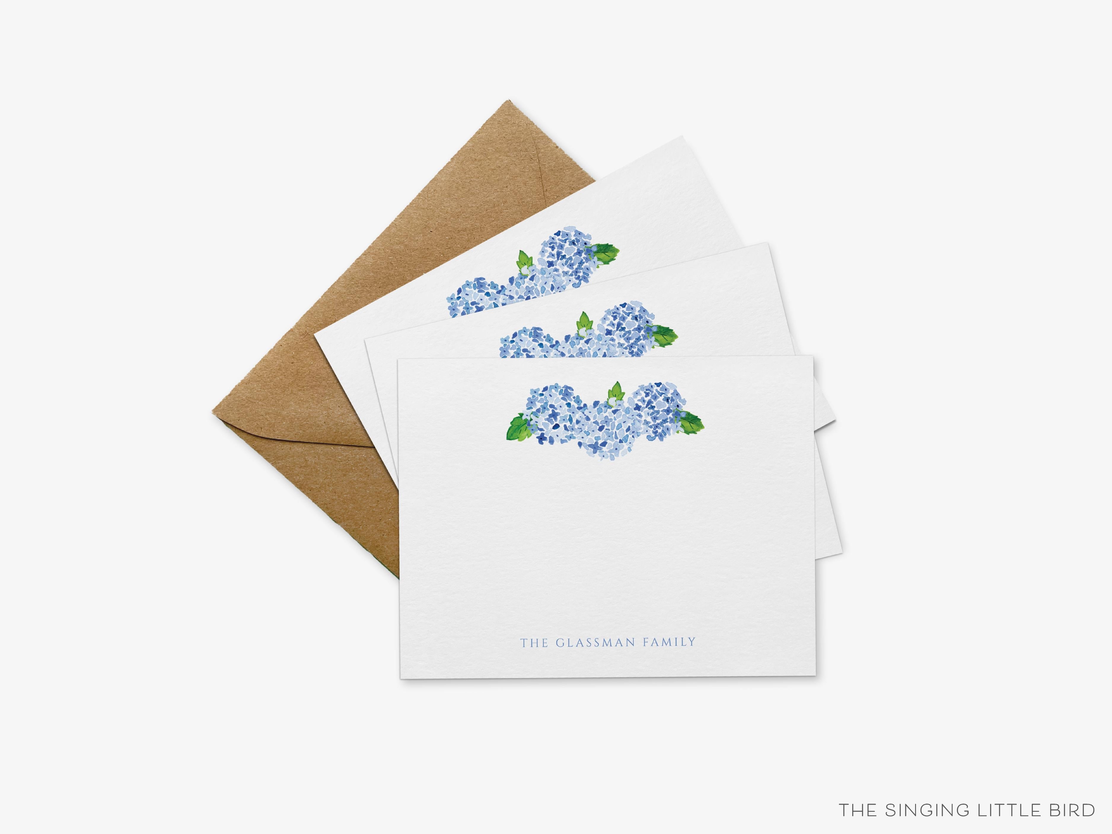 Personalized Hydrangea Flat Notes-These personalized flat notecards are 4.25x5.5 and feature our hand-painted watercolor Hydrangeas, printed in the USA on 120lb textured stock. They come with your choice of envelopes and make great thank yous and gifts for the floral lover in your life.-The Singing Little Bird