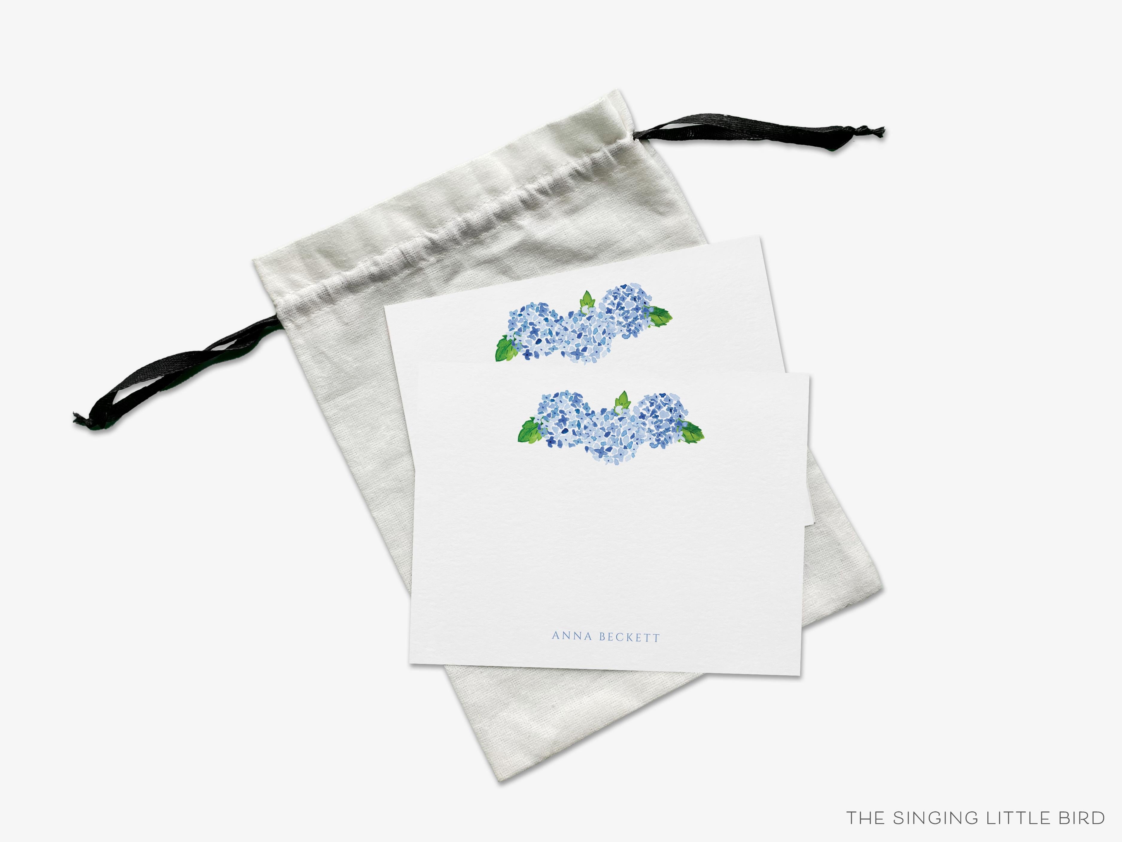 Personalized Hydrangea Flat Notes-These personalized flat notecards are 4.25x5.5 and feature our hand-painted watercolor Hydrangeas, printed in the USA on 120lb textured stock. They come with your choice of envelopes and make great thank yous and gifts for the floral lover in your life.-The Singing Little Bird