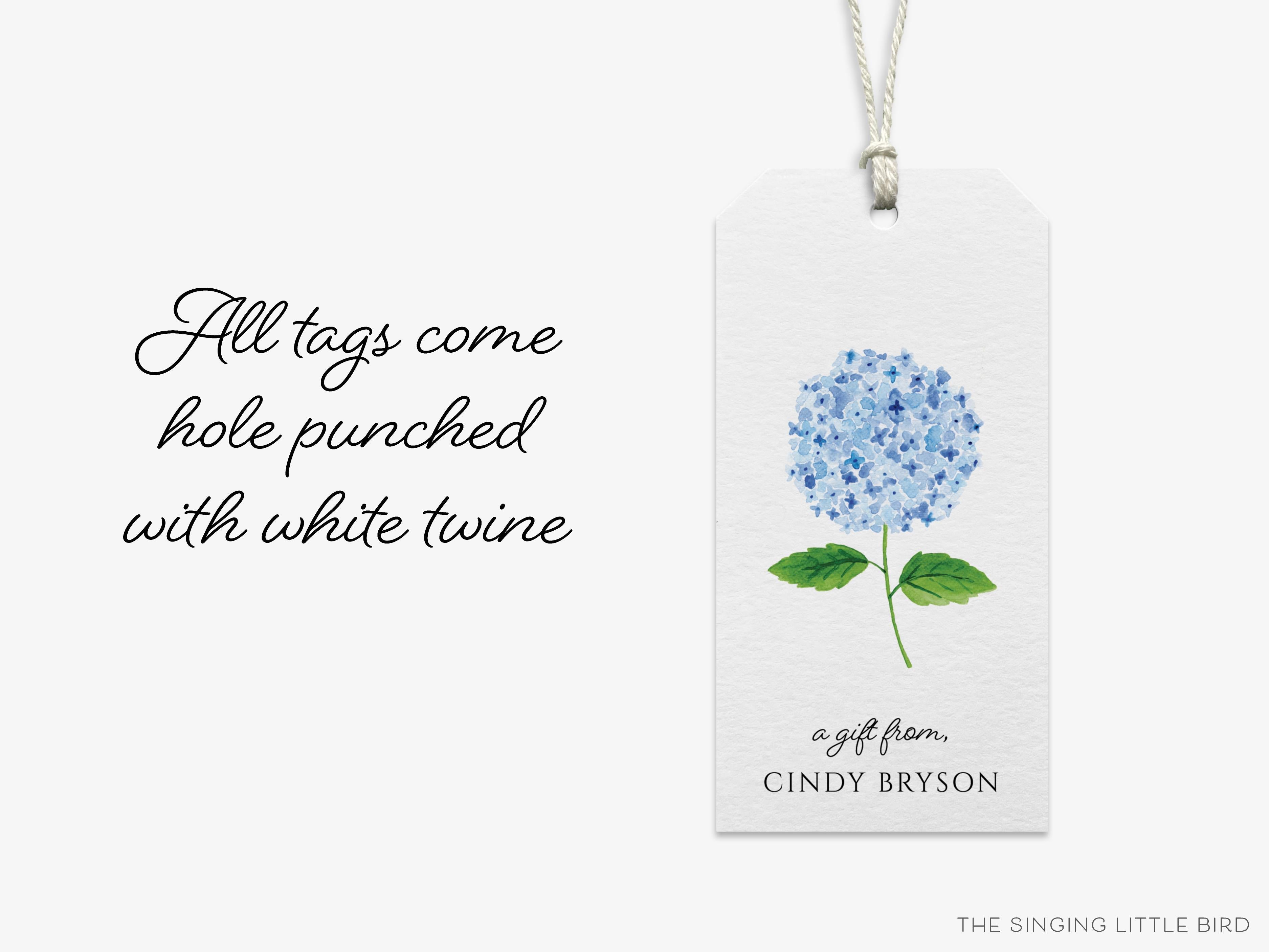 Personalized Hydrangea Gift Tags-These gift tags come in sets, hole-punched with white twine and feature our hand-painted watercolor hydrangeas, printed in the USA on 120lb textured stock. They make great tags for gifting or gifts for the floral lover in your life.-The Singing Little Bird