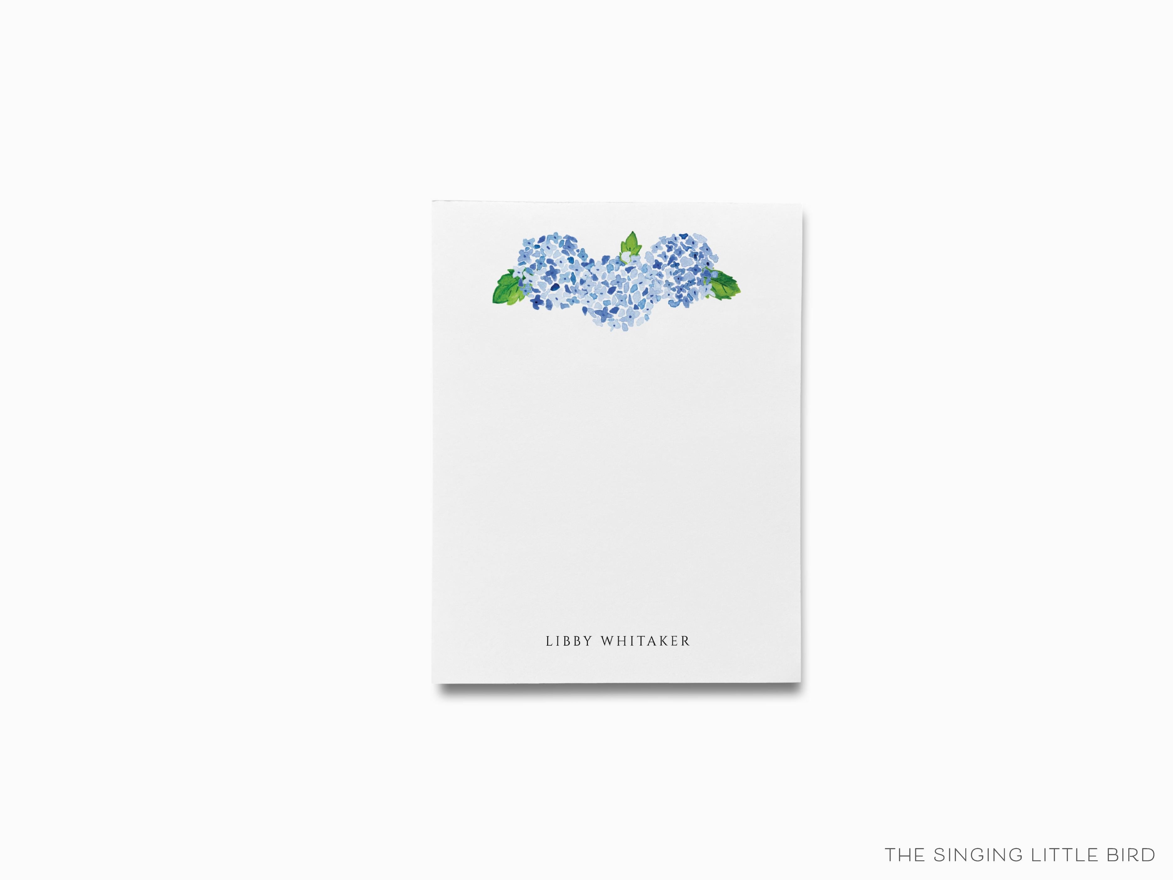 Personalized Hydrangea Notepad-These personalized notepads feature our hand-painted watercolor Hydrangea, printed in the USA on a beautiful smooth stock. You choose which size you want (or bundled together for a beautiful gift set) and makes a great gift for the checklist and floral lover in your life.-The Singing Little Bird