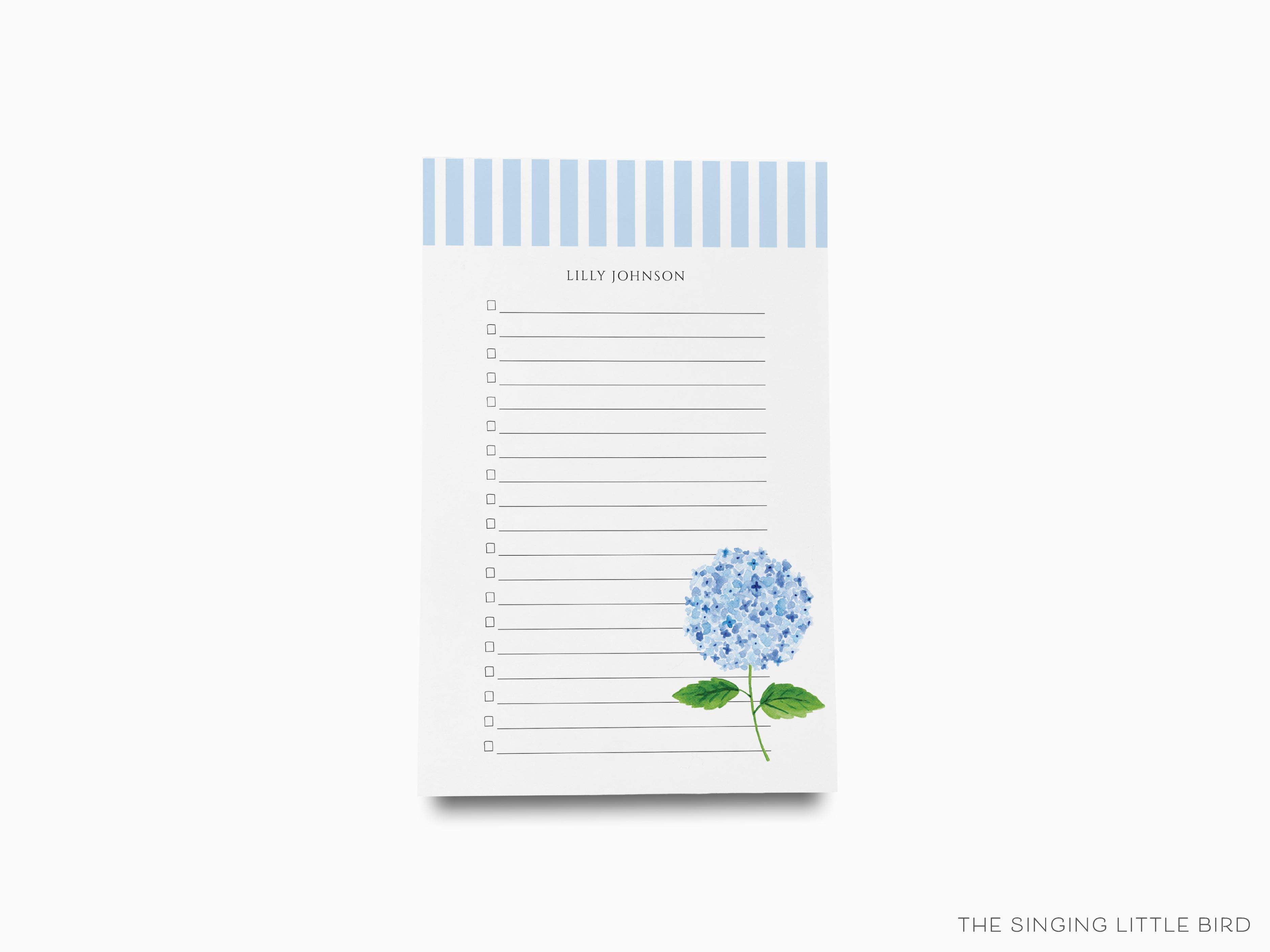 Personalized Hydrangea Notepad-These personalized notepads feature our hand-painted watercolor Hydrangea, printed in the USA on a beautiful smooth stock. You choose which size you want (or bundled together for a beautiful gift set) and makes a great gift for the checklist and floral lover in your life.-The Singing Little Bird