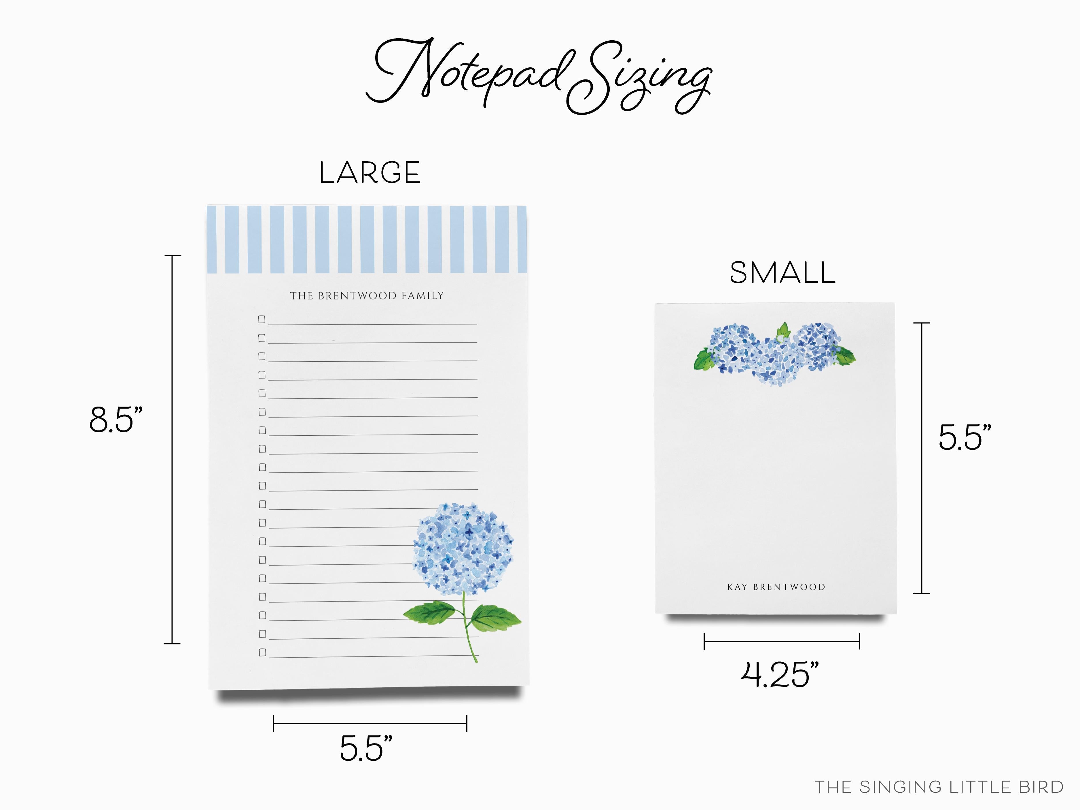 Personalized Hydrangea Notepad-These personalized notepads feature our hand-painted watercolor Hydrangea, printed in the USA on a beautiful smooth stock. You choose which size you want (or bundled together for a beautiful gift set) and makes a great gift for the checklist and floral lover in your life.-The Singing Little Bird
