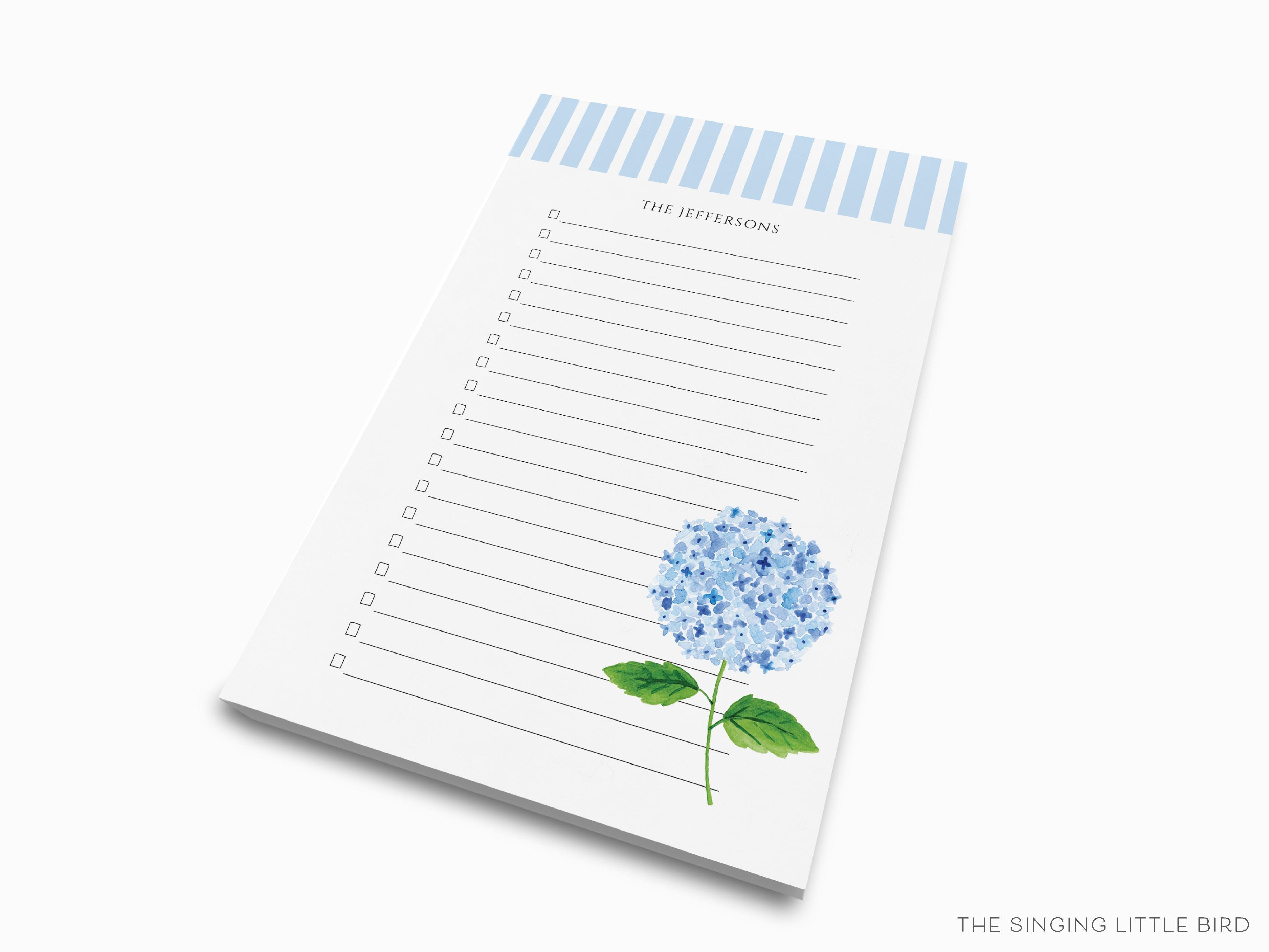 Personalized Hydrangea Notepad-These personalized notepads feature our hand-painted watercolor Hydrangea, printed in the USA on a beautiful smooth stock. You choose which size you want (or bundled together for a beautiful gift set) and makes a great gift for the checklist and floral lover in your life.-The Singing Little Bird