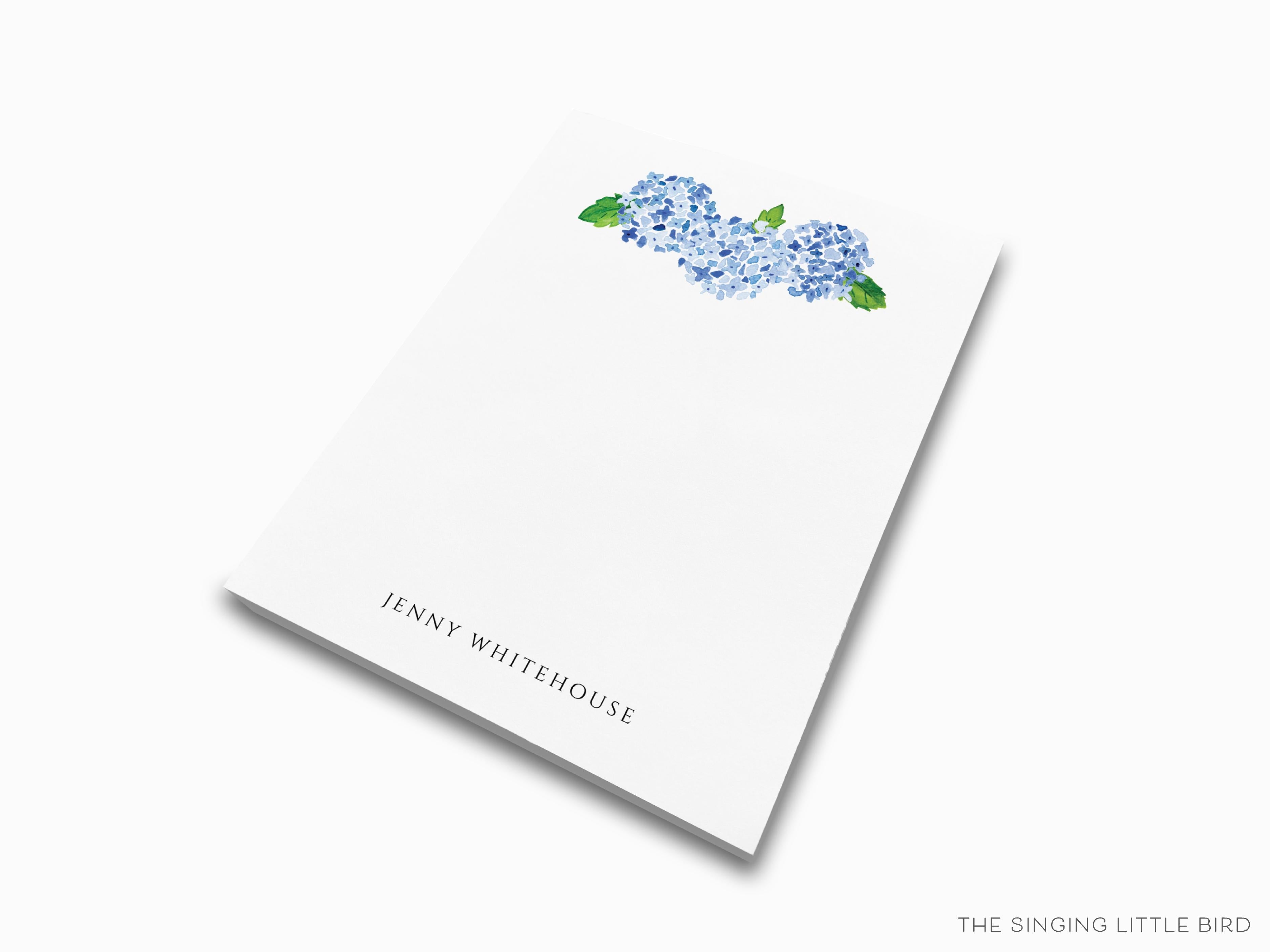 Personalized Hydrangea Notepad-These personalized notepads feature our hand-painted watercolor Hydrangea, printed in the USA on a beautiful smooth stock. You choose which size you want (or bundled together for a beautiful gift set) and makes a great gift for the checklist and floral lover in your life.-The Singing Little Bird