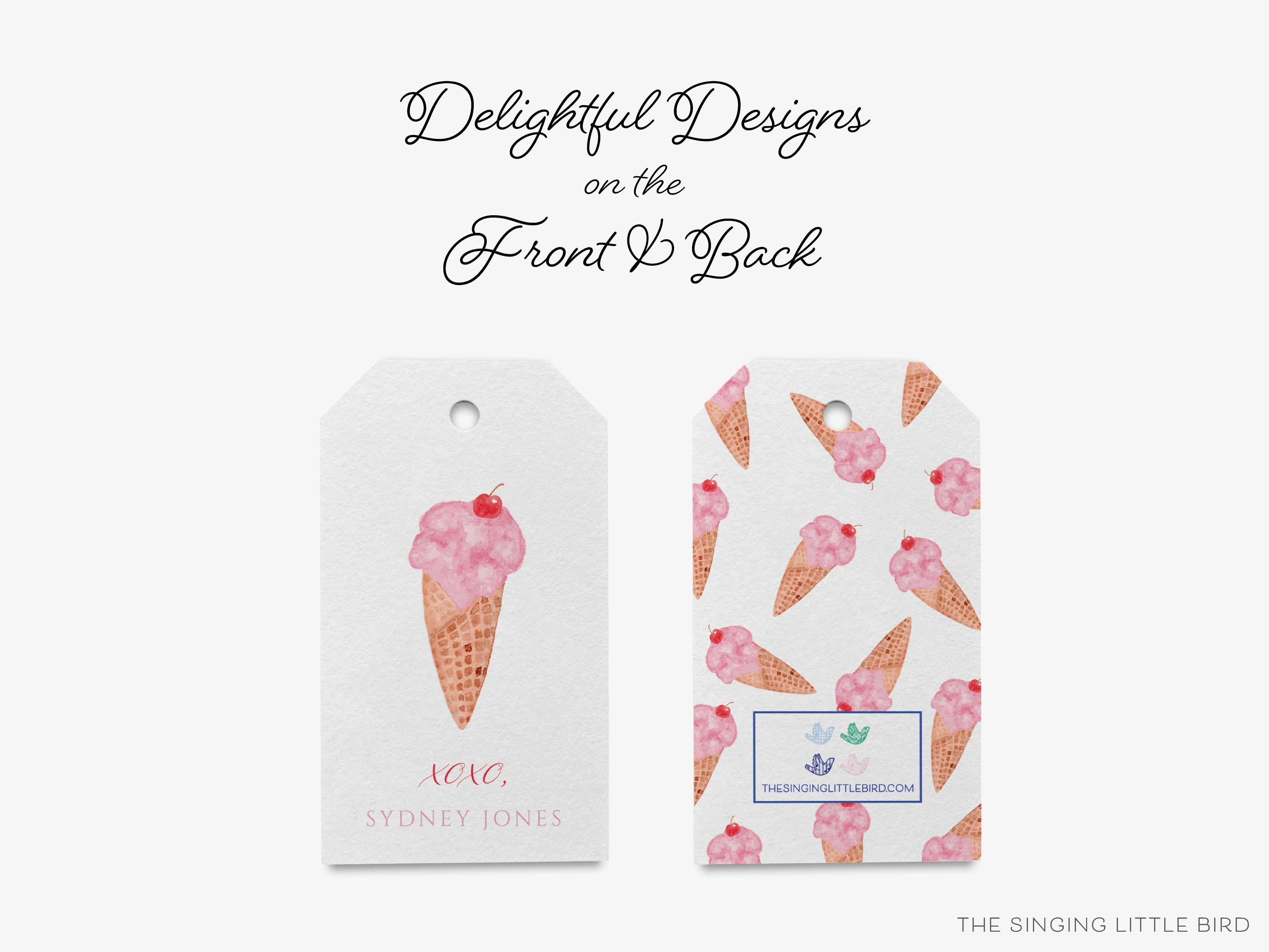 Personalized Ice Cream Gift Tags-These gift tags come in sets, hole-punched with white twine and feature our hand-painted watercolor ice cream cone, printed in the USA on 120lb textured stock. They make great tags for gifting or gifts for the ice cream lover in your life.-The Singing Little Bird