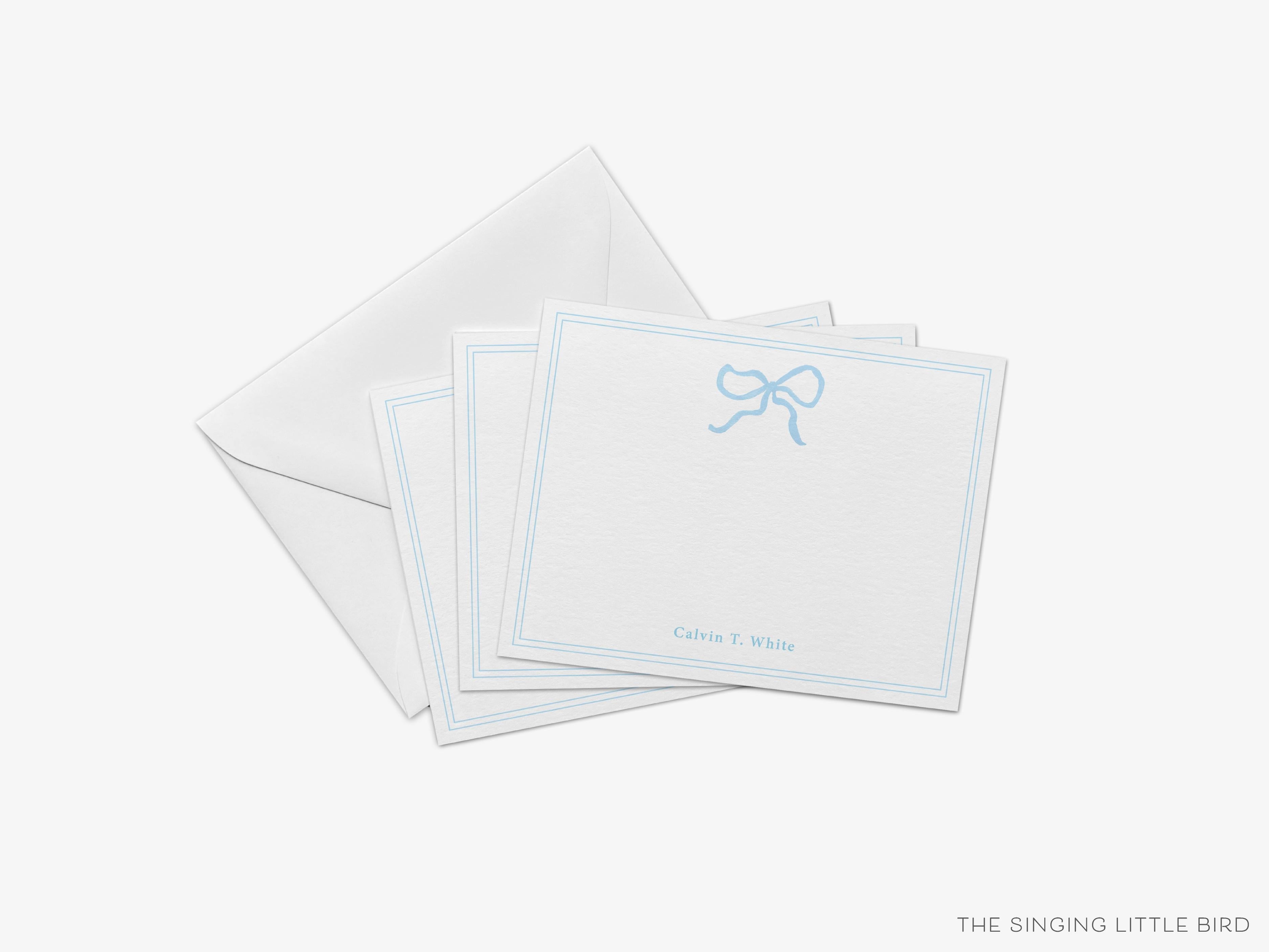 Personalized Light Blue Bow Flat Notes-These personalized flat notecards are 4.25x5.5 and feature our hand-painted watercolor bow, printed in the USA on 120lb textured stock. They come with your choice of envelopes and make great thank yous and gifts for the bow lover in your life.-The Singing Little Bird