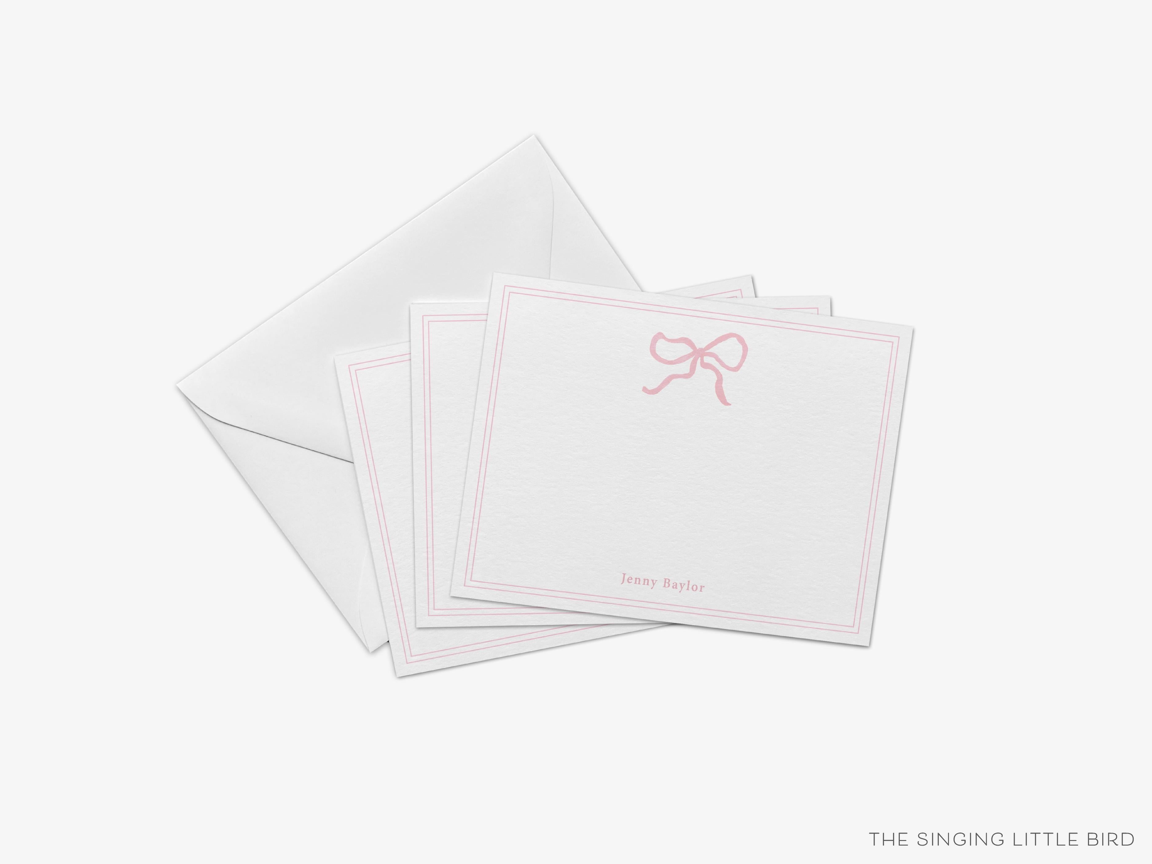 Personalized Light Pink Bow Flat Notes-These personalized flat notecards are 4.25x5.5 and feature our hand-painted watercolor pink bow, printed in the USA on 120lb textured stock. They come with your choice of envelopes and make great thank yous and gifts for the bow lover in your life.-The Singing Little Bird