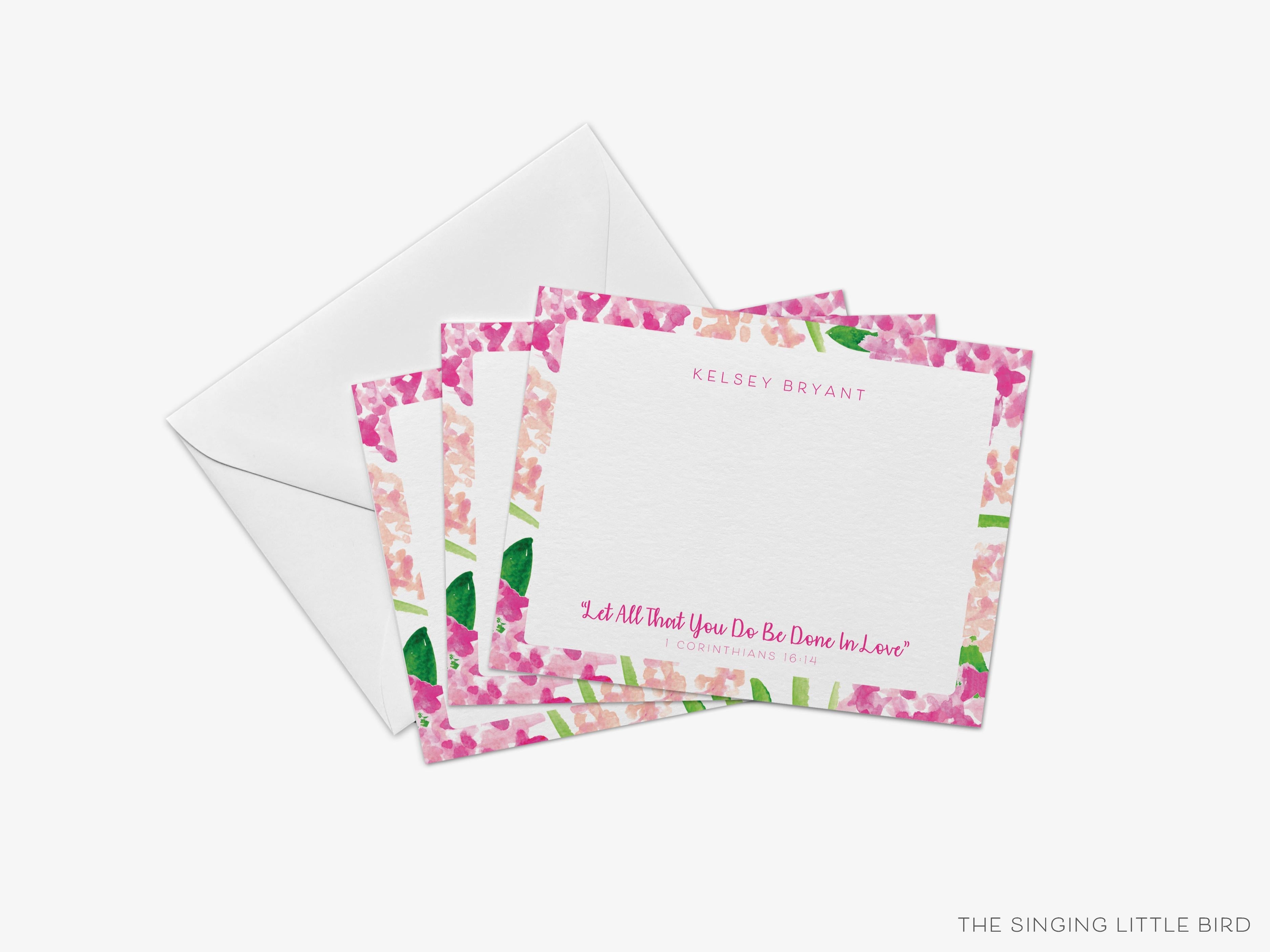 Personalized Love Bible Verse Flat Notes-These personalized flat notecards are 4.25x5.5 and feature our hand-painted watercolor pink floral and Let All That You Do Be Done in Love Bible Verse, printed in the USA on 120lb textured stock. They come with your choice of envelopes and make great thank yous and gifts for the religious lover in your life.-The Singing Little Bird