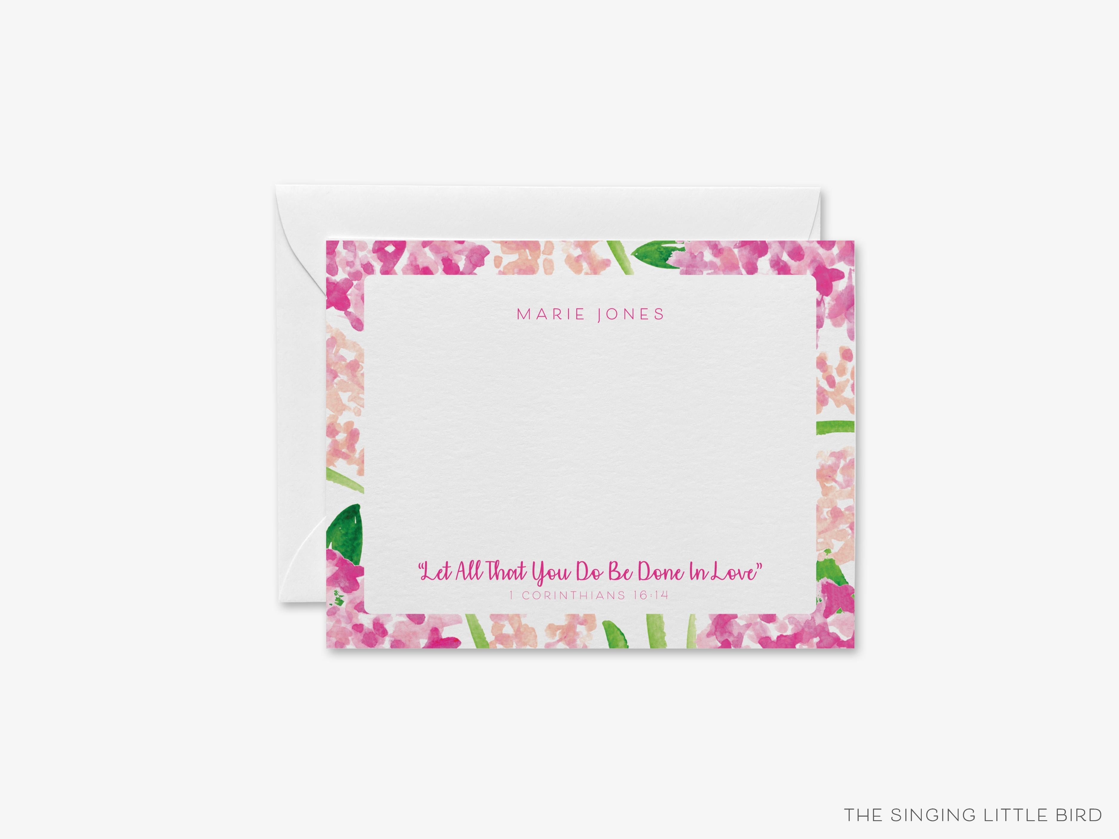 Personalized Love Bible Verse Flat Notes-These personalized flat notecards are 4.25x5.5 and feature our hand-painted watercolor pink floral and Let All That You Do Be Done in Love Bible Verse, printed in the USA on 120lb textured stock. They come with your choice of envelopes and make great thank yous and gifts for the religious lover in your life.-The Singing Little Bird