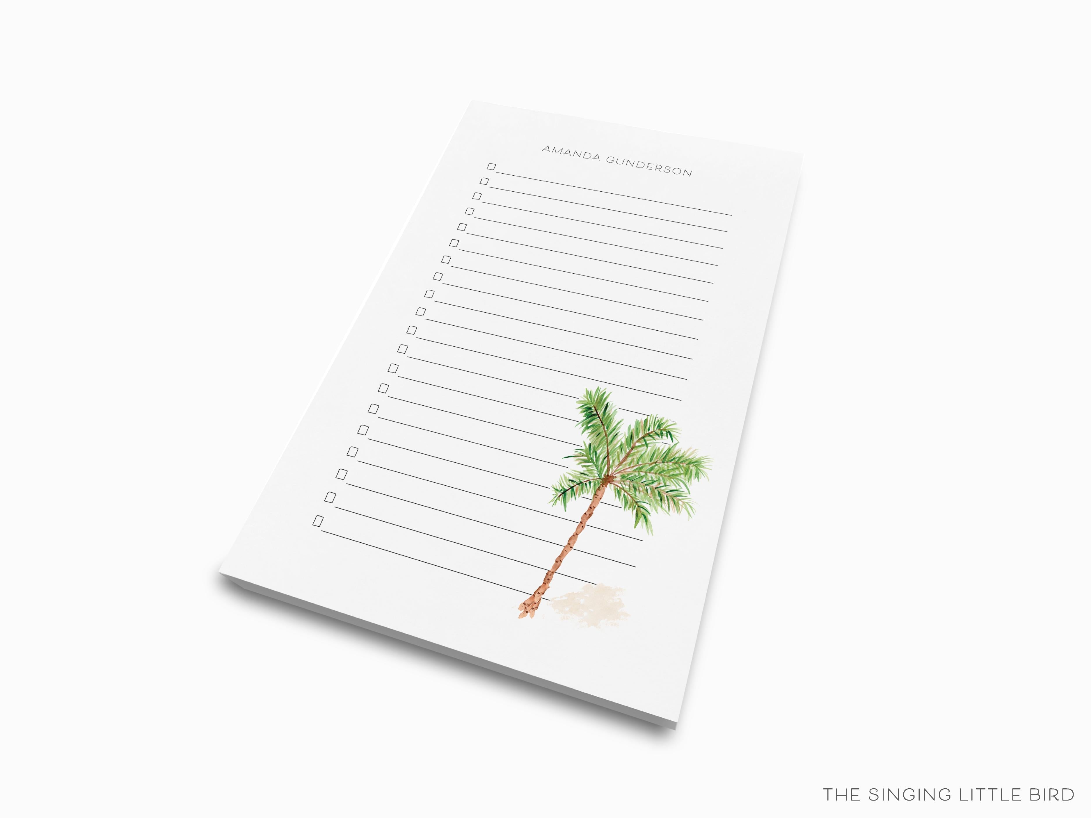 Personalized Palm Tree Notepad-These personalized notepads feature our hand-painted watercolor Palm Tree, printed in the USA on a beautiful smooth stock. You choose which size you want (or bundled together for a beautiful gift set) and makes a great gift for the checklist and beach lover in your life.-The Singing Little Bird