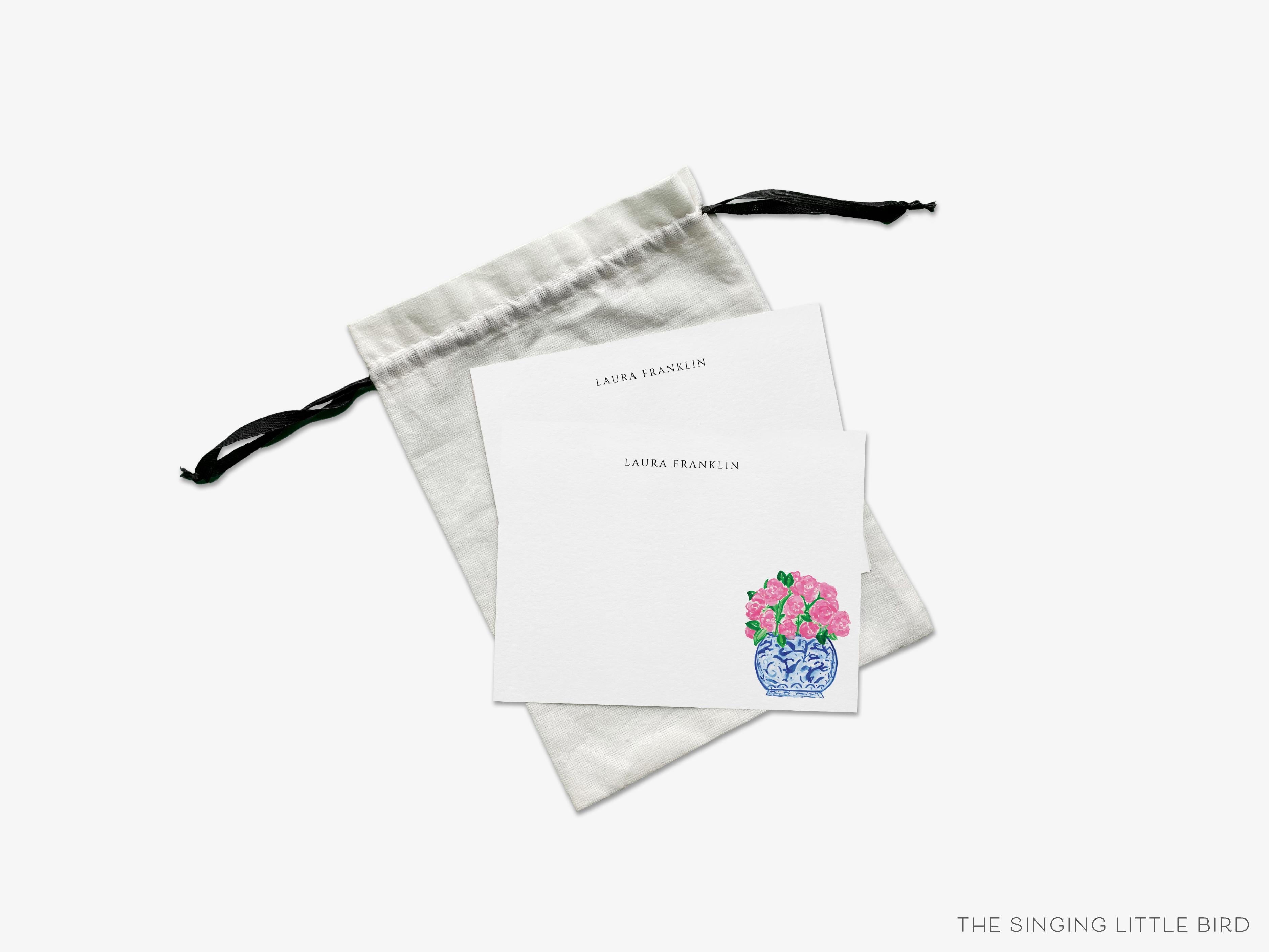 Personalized Peonies in Ginger Jar Flat Notes-These personalized flat notecards are 4.25x5.5 and feature our hand-painted watercolor Peonies in a Ginger Jar, printed in the USA on 120lb textured stock. They come with your choice of envelopes and make great thank yous and gifts for the floral lover in your life.-The Singing Little Bird