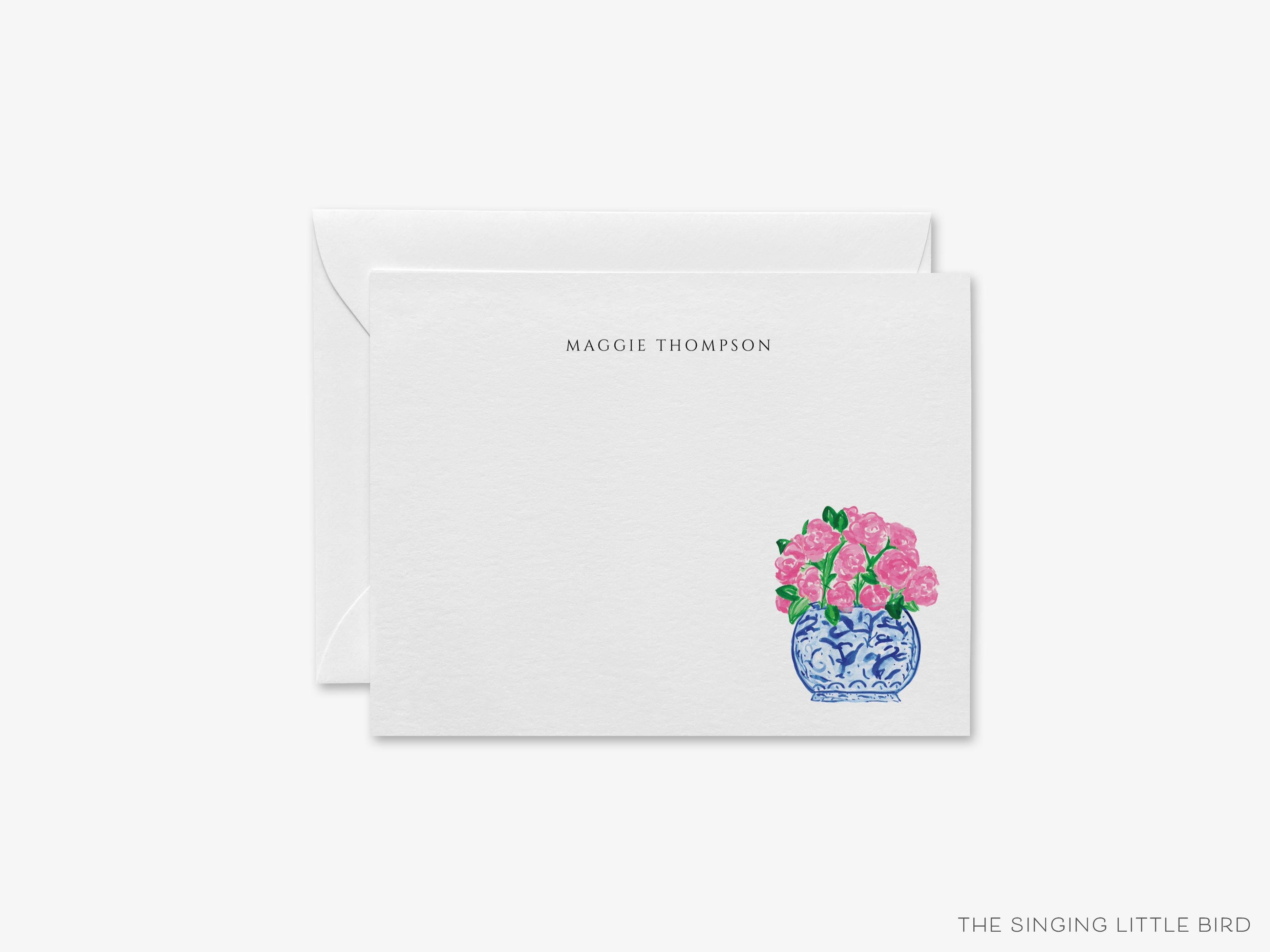 Personalized Peonies in Ginger Jar Flat Notes-These personalized flat notecards are 4.25x5.5 and feature our hand-painted watercolor Peonies in a Ginger Jar, printed in the USA on 120lb textured stock. They come with your choice of envelopes and make great thank yous and gifts for the floral lover in your life.-The Singing Little Bird