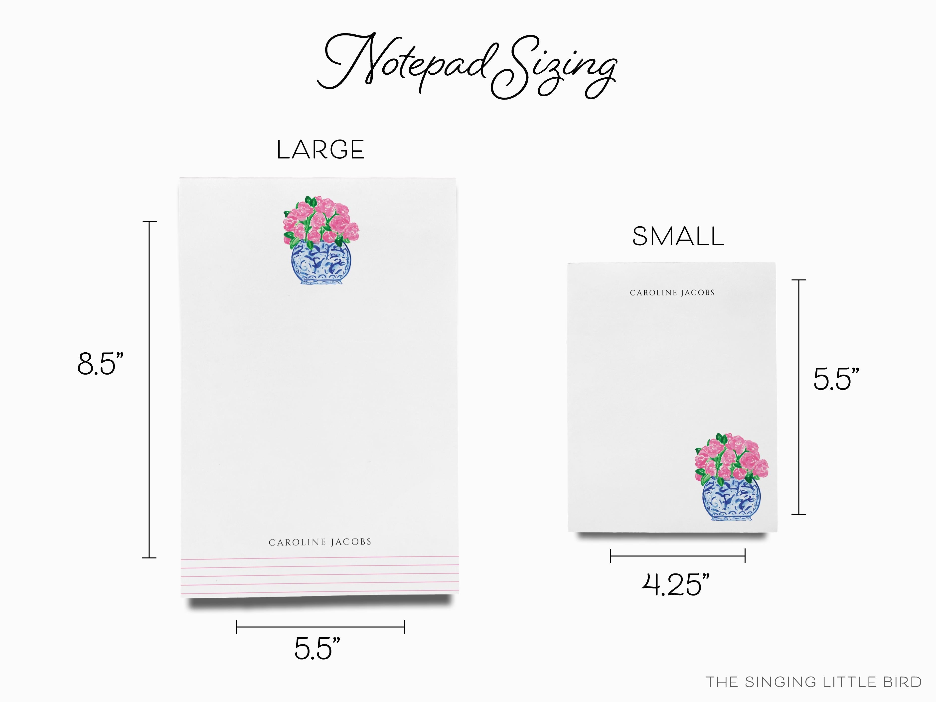 Personalized Peonies in Ginger Jar Notepad-These personalized notepads feature our hand-painted watercolor Peonies in Ginger Jar, printed in the USA on a beautiful smooth stock. You choose which size you want (or bundled together for a beautiful gift set) and makes a great gift for the checklist and peony lover in your life.-The Singing Little Bird
