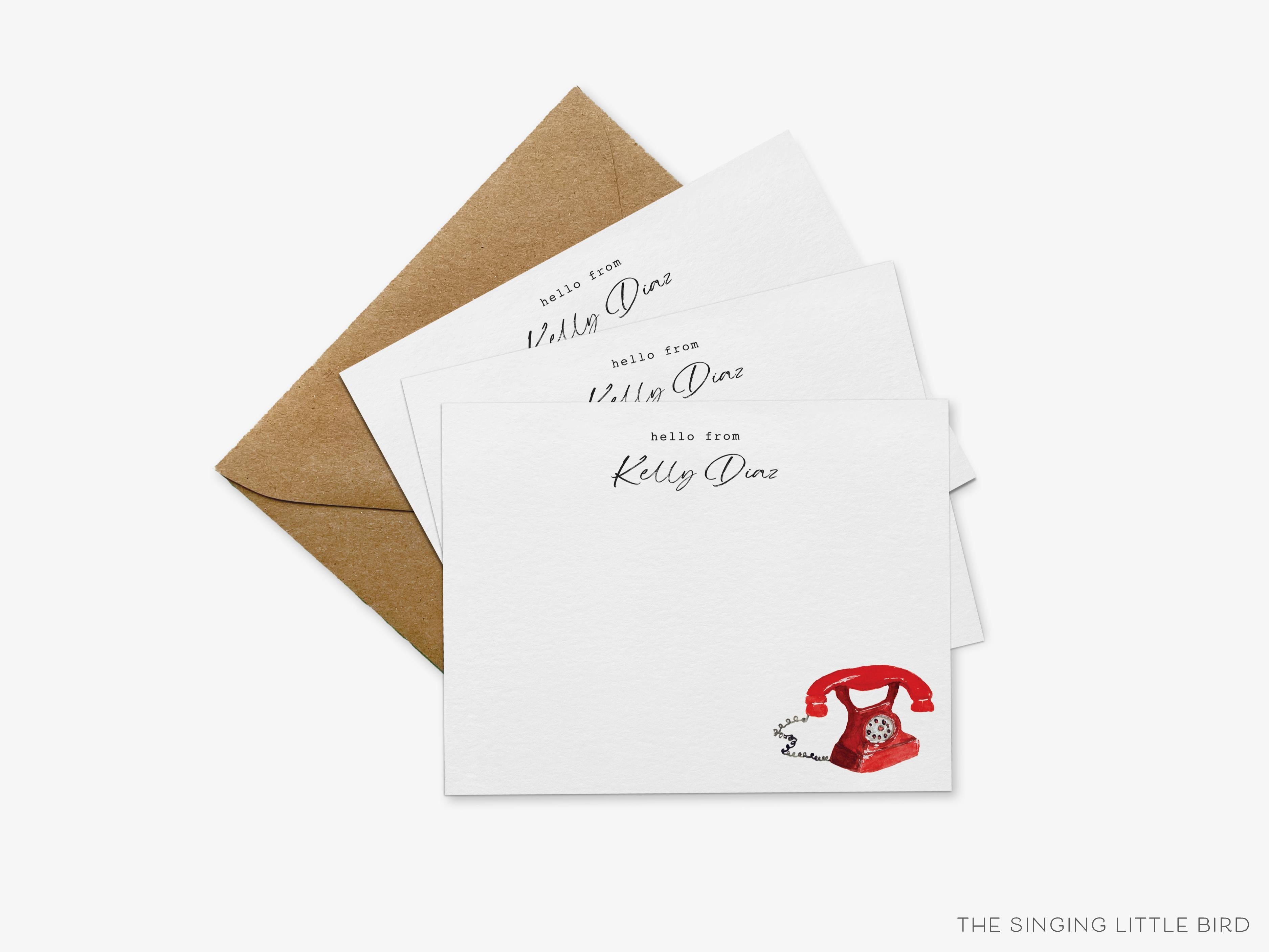 Personalized Red Vintage Telephone Flat Notes-These personalized flat notecards are 4.25x5.5 and feature our hand-painted watercolor Red Vintage Telephone, printed in the USA on 120lb textured stock. They come with your choice of envelopes and make great thank yous and gifts for the vintage lover in your life.-The Singing Little Bird