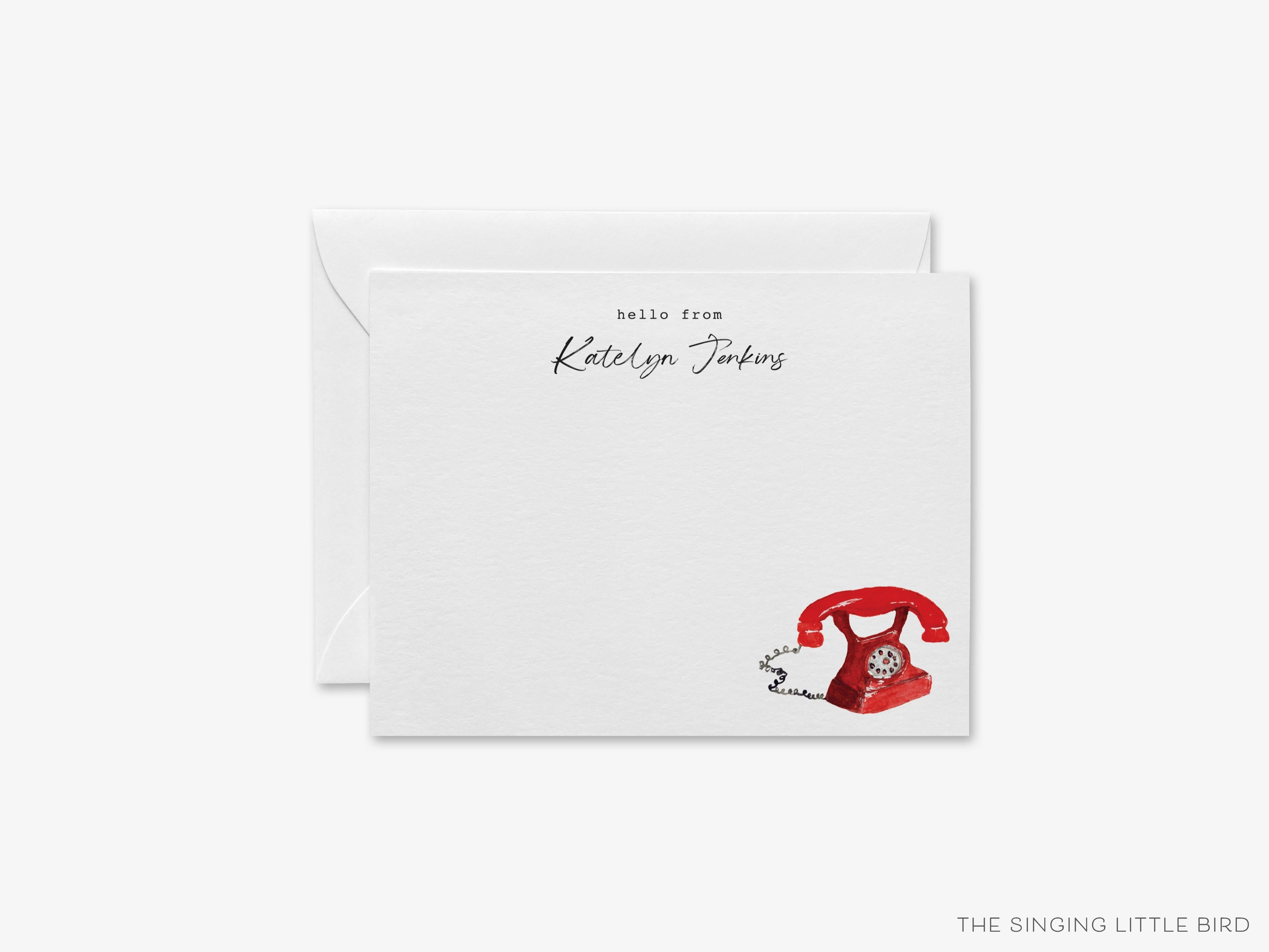 Personalized Red Vintage Telephone Flat Notes-These personalized flat notecards are 4.25x5.5 and feature our hand-painted watercolor Red Vintage Telephone, printed in the USA on 120lb textured stock. They come with your choice of envelopes and make great thank yous and gifts for the vintage lover in your life.-The Singing Little Bird