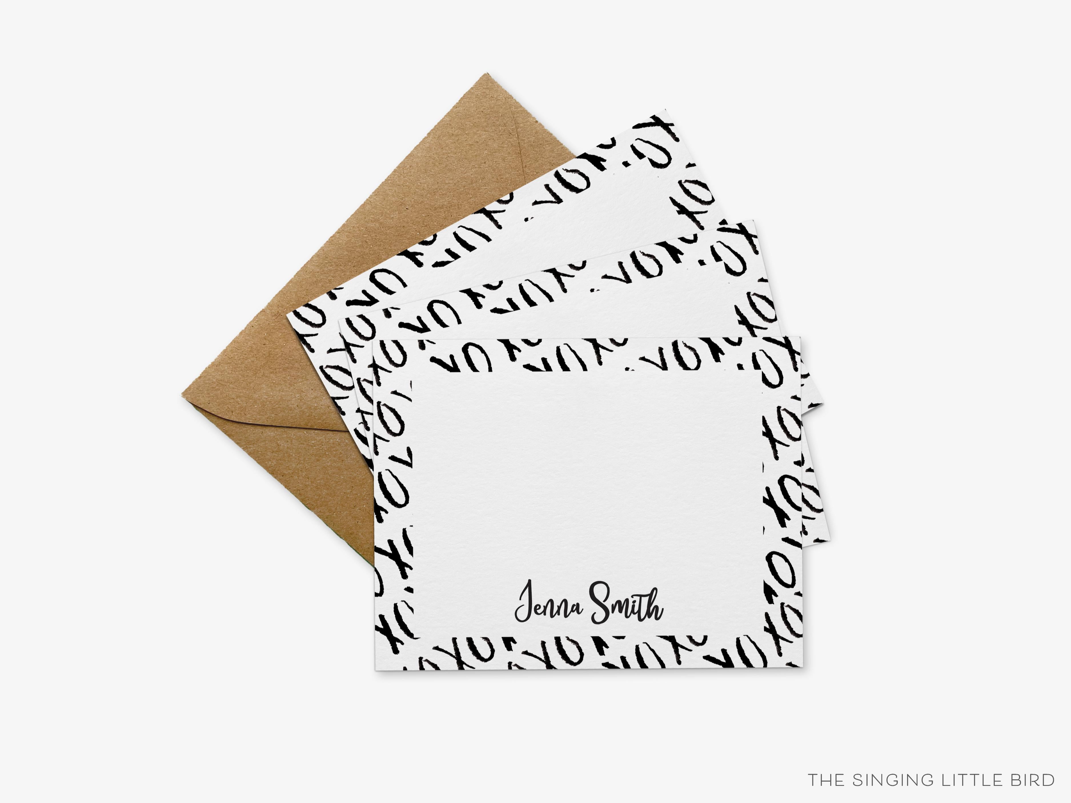 Personalized XOXO Black and White Flat Notes-These personalized flat notecards are 4.25x5.5 and feature our hand-painted watercolor XO design, printed in the USA on 120lb textured stock. They come with your choice of envelopes and make great thank yous and gifts for the hugs and kisses lover in your life.-The Singing Little Bird