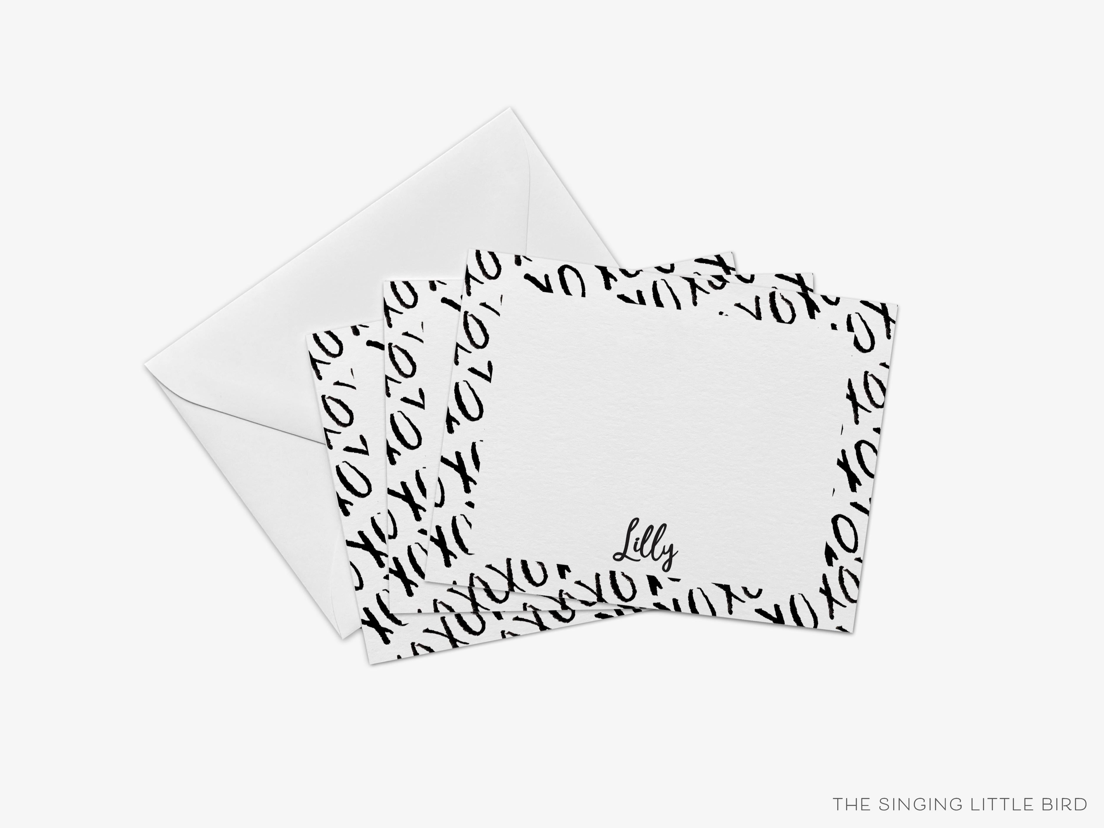 Personalized XOXO Black and White Flat Notes-These personalized flat notecards are 4.25x5.5 and feature our hand-painted watercolor XO design, printed in the USA on 120lb textured stock. They come with your choice of envelopes and make great thank yous and gifts for the hugs and kisses lover in your life.-The Singing Little Bird