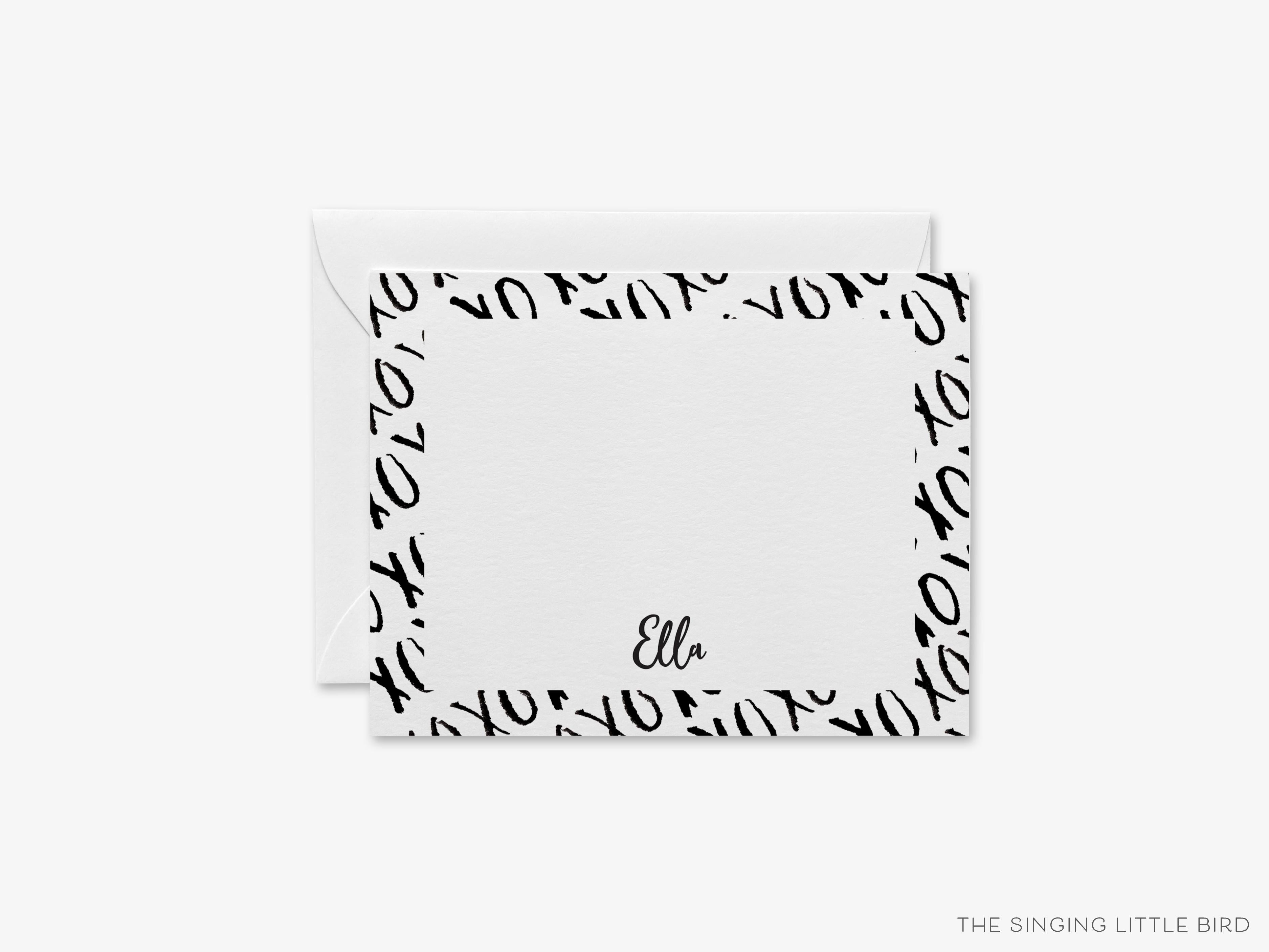 Personalized XOXO Black and White Flat Notes-These personalized flat notecards are 4.25x5.5 and feature our hand-painted watercolor XO design, printed in the USA on 120lb textured stock. They come with your choice of envelopes and make great thank yous and gifts for the hugs and kisses lover in your life.-The Singing Little Bird