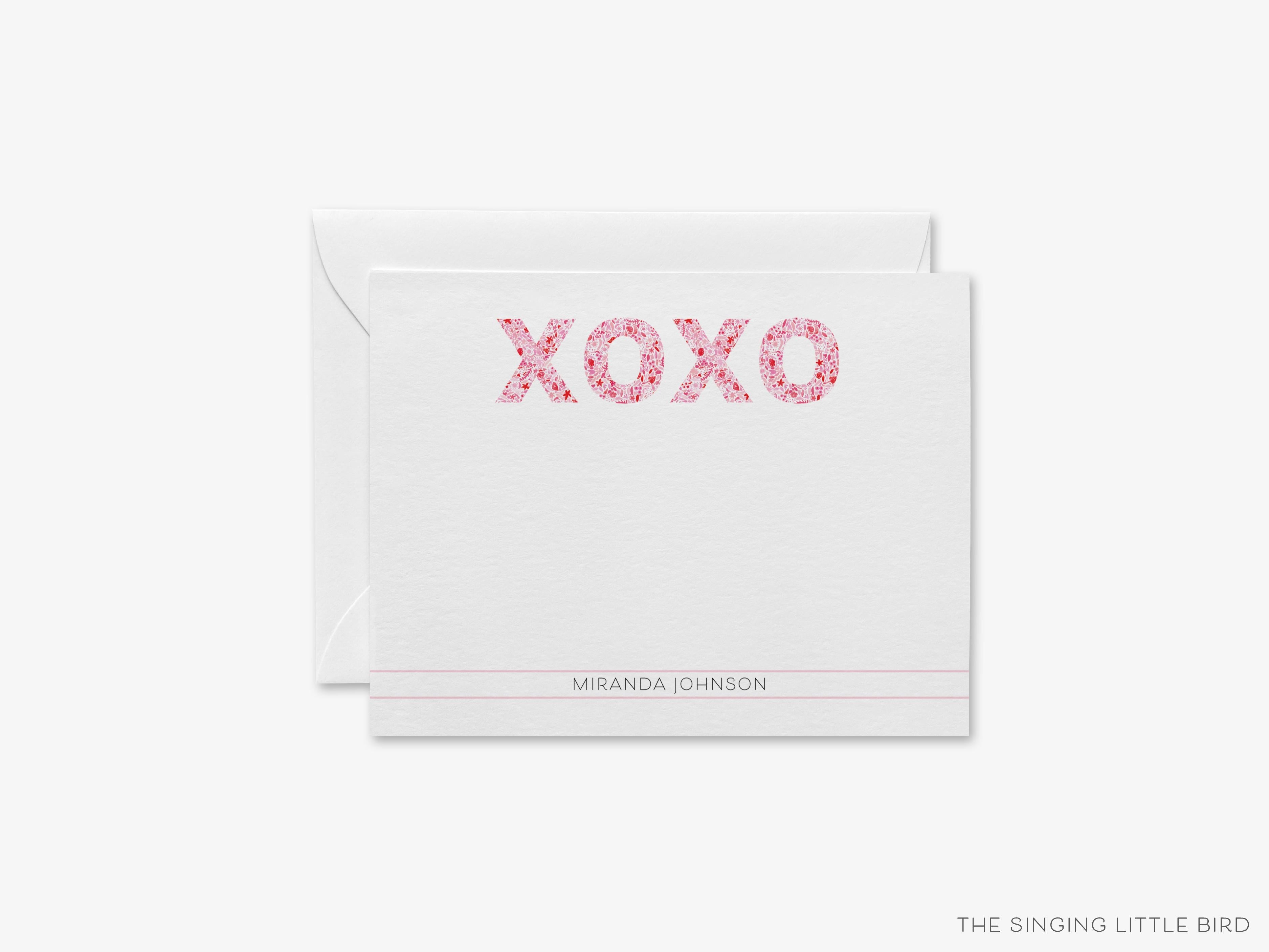 Personalized XOXO Pink and Red Flat Notes-These personalized flat notecards are 4.25x5.5 and feature our hand-painted watercolor pink and red XO, printed in the USA on 120lb textured stock. They come with your choice of envelopes and make great thank yous and gifts for the hugs and kisses lover in your life.-The Singing Little Bird