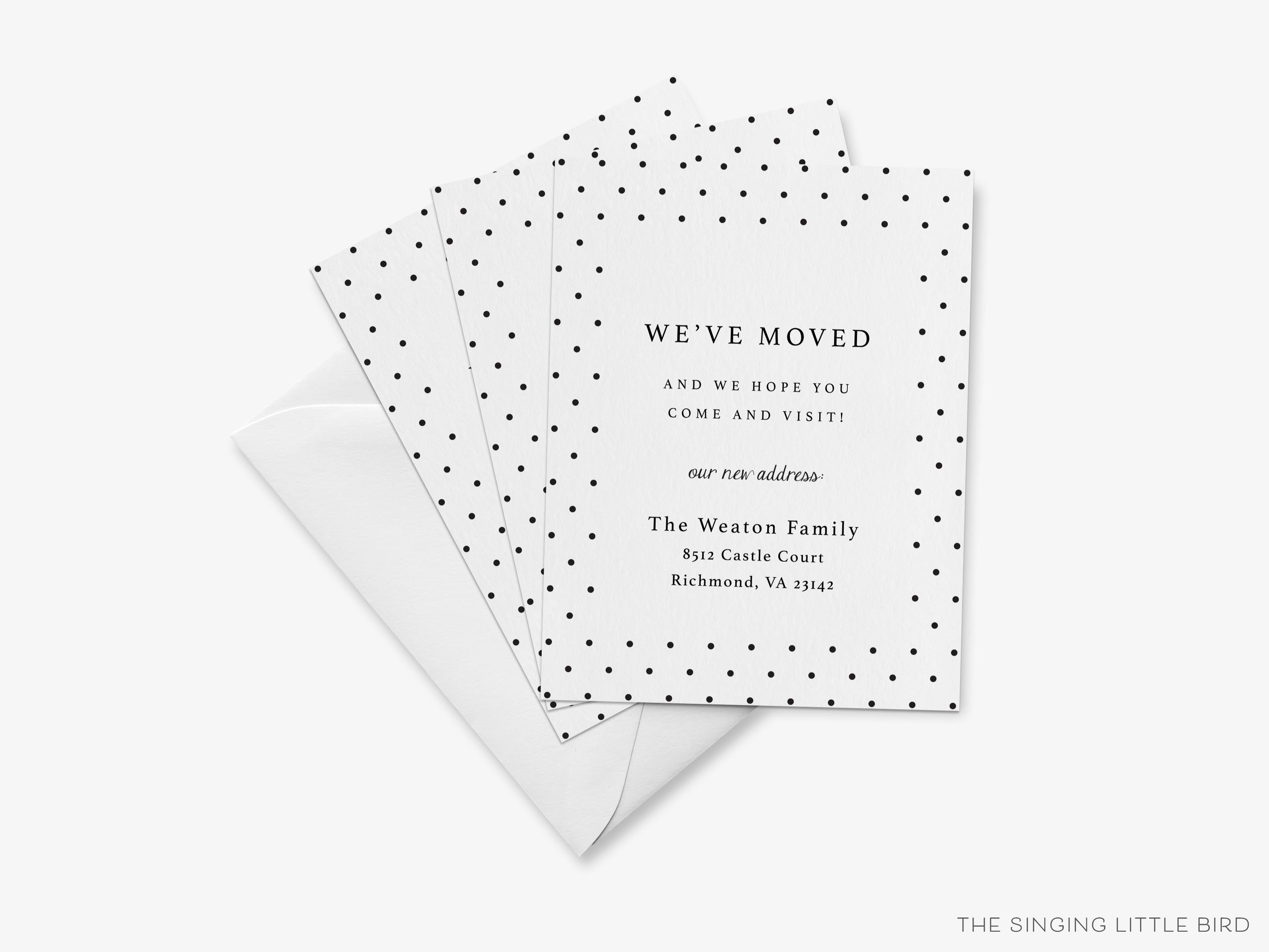 Polka Dot Moving Announcement-These personalized flat change of address cards are 4.25x5.5 and feature our hand-painted watercolor polka dots, printed in the USA on 120lb textured stock. They come with your choice of envelopes and make great moving announcements for the black and white chic lover.-The Singing Little Bird