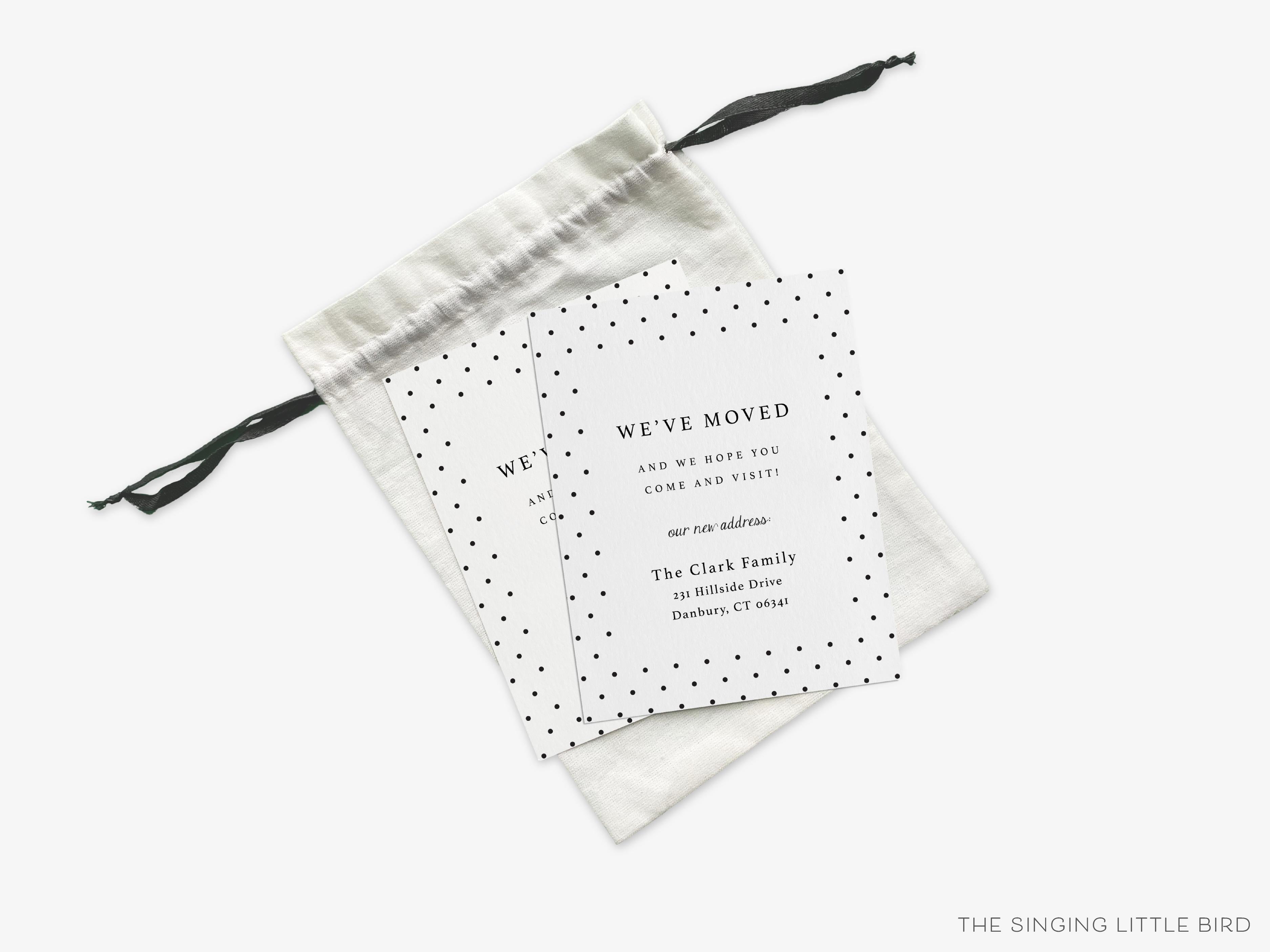 Polka Dot Moving Announcement-These personalized flat change of address cards are 4.25x5.5 and feature our hand-painted watercolor polka dots, printed in the USA on 120lb textured stock. They come with your choice of envelopes and make great moving announcements for the black and white chic lover.-The Singing Little Bird
