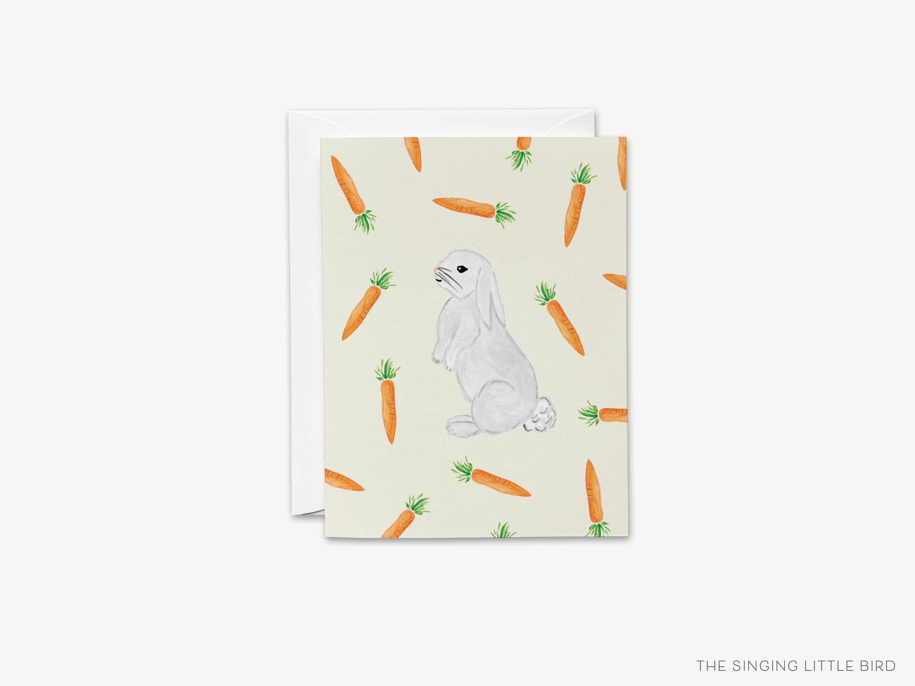 Rabbit and Carrots Greeting Card-These folded Easter cards are 4.25x5.5 and feature our hand-painted watercolor rabbit and carrots, printed in the USA on 100lb textured stock. They come with a White envelope and make a great spring card for the bunny lover in your life.-The Singing Little Bird