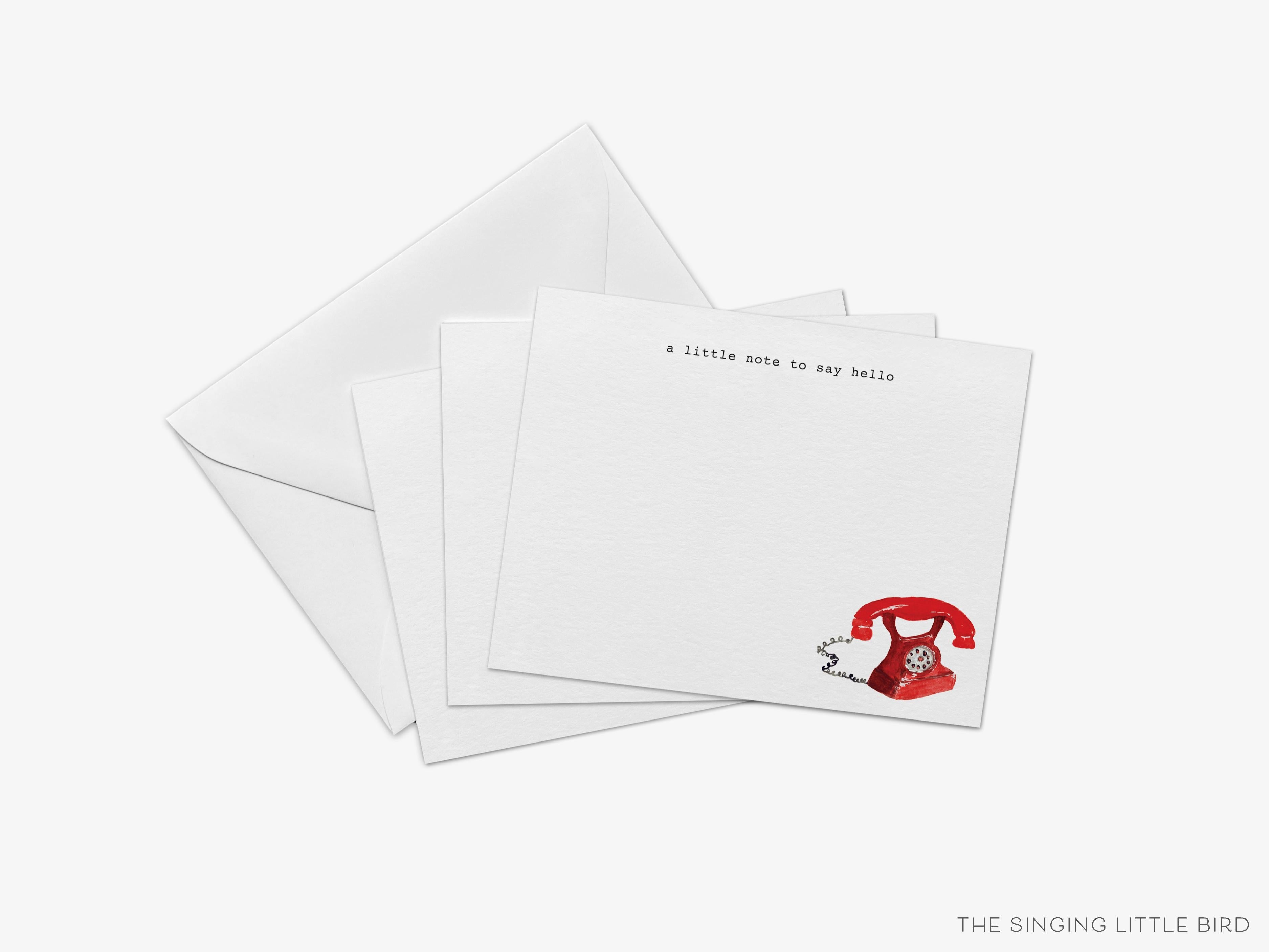 Red Vintage Telephone Flat Notes [Sets of 8]-These flat notecards are 4.25x5.5 and feature our hand-painted watercolor Red Vintage Telephone, printed in the USA on 120lb textured stock. They come with white envelopes and make great thank yous and gifts for the vintage lover in your life.-The Singing Little Bird
