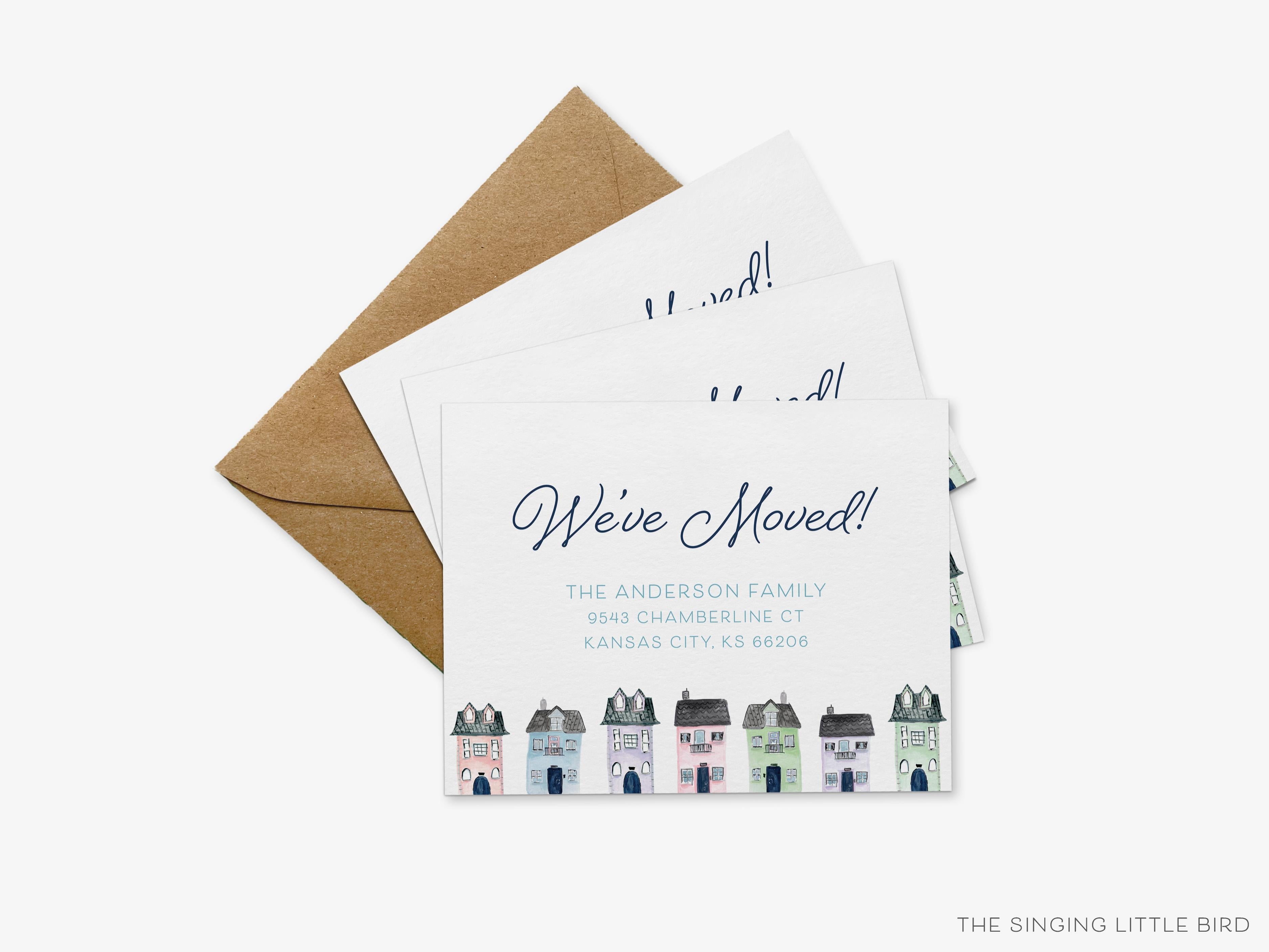 Row of Houses Moving Announcement-These personalized flat change of address cards are 4.25x5.5 and feature our hand-painted watercolor Houses, printed in the USA on 120lb textured stock. They come with your choice of envelopes and make great moving announcements for the home lover.-The Singing Little Bird