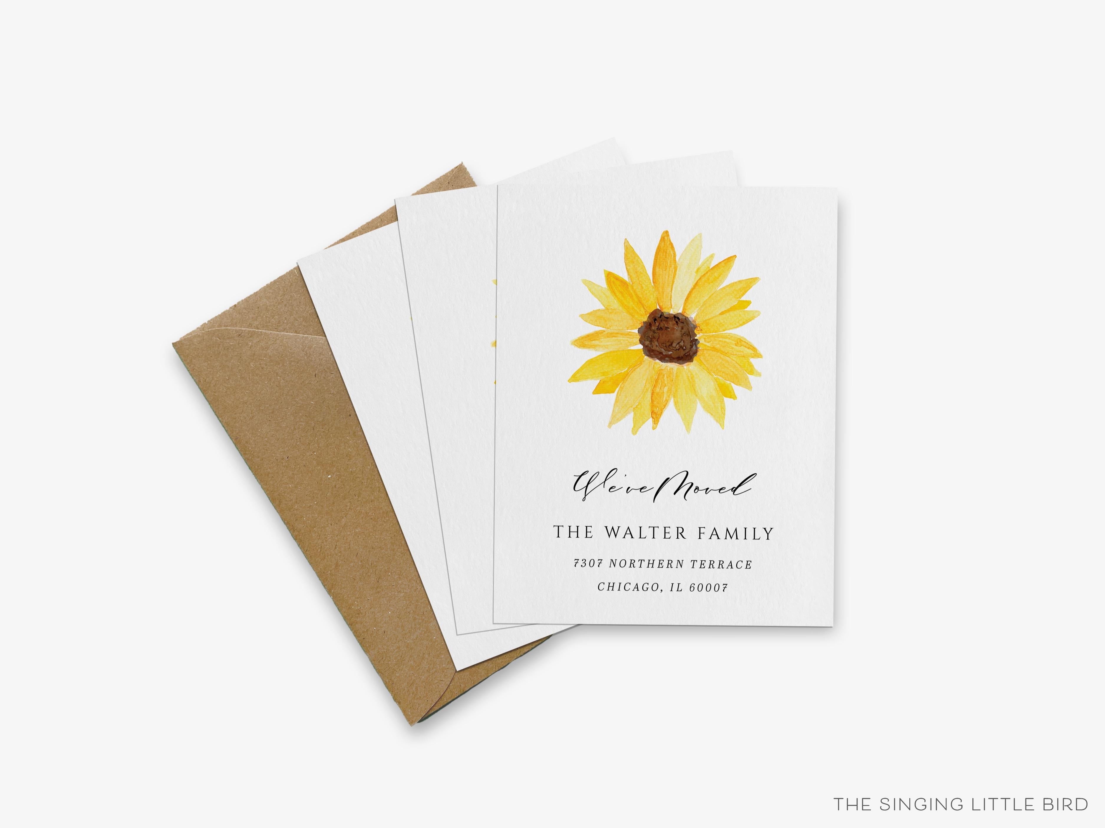 Sunflower Moving Announcement-These personalized flat change of address cards are 4.25x5.5 and feature our hand-painted watercolor Sunflower, printed in the USA on 120lb textured stock. They come with your choice of envelopes and make great moving announcements for the sunflower lover.-The Singing Little Bird