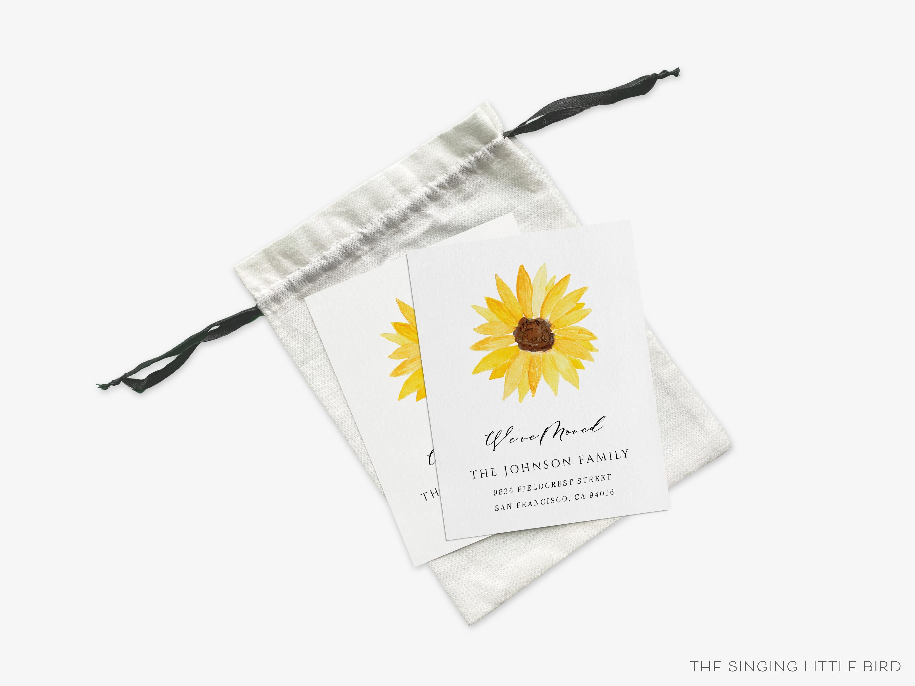 Sunflower Moving Announcement-These personalized flat change of address cards are 4.25x5.5 and feature our hand-painted watercolor Sunflower, printed in the USA on 120lb textured stock. They come with your choice of envelopes and make great moving announcements for the sunflower lover.-The Singing Little Bird