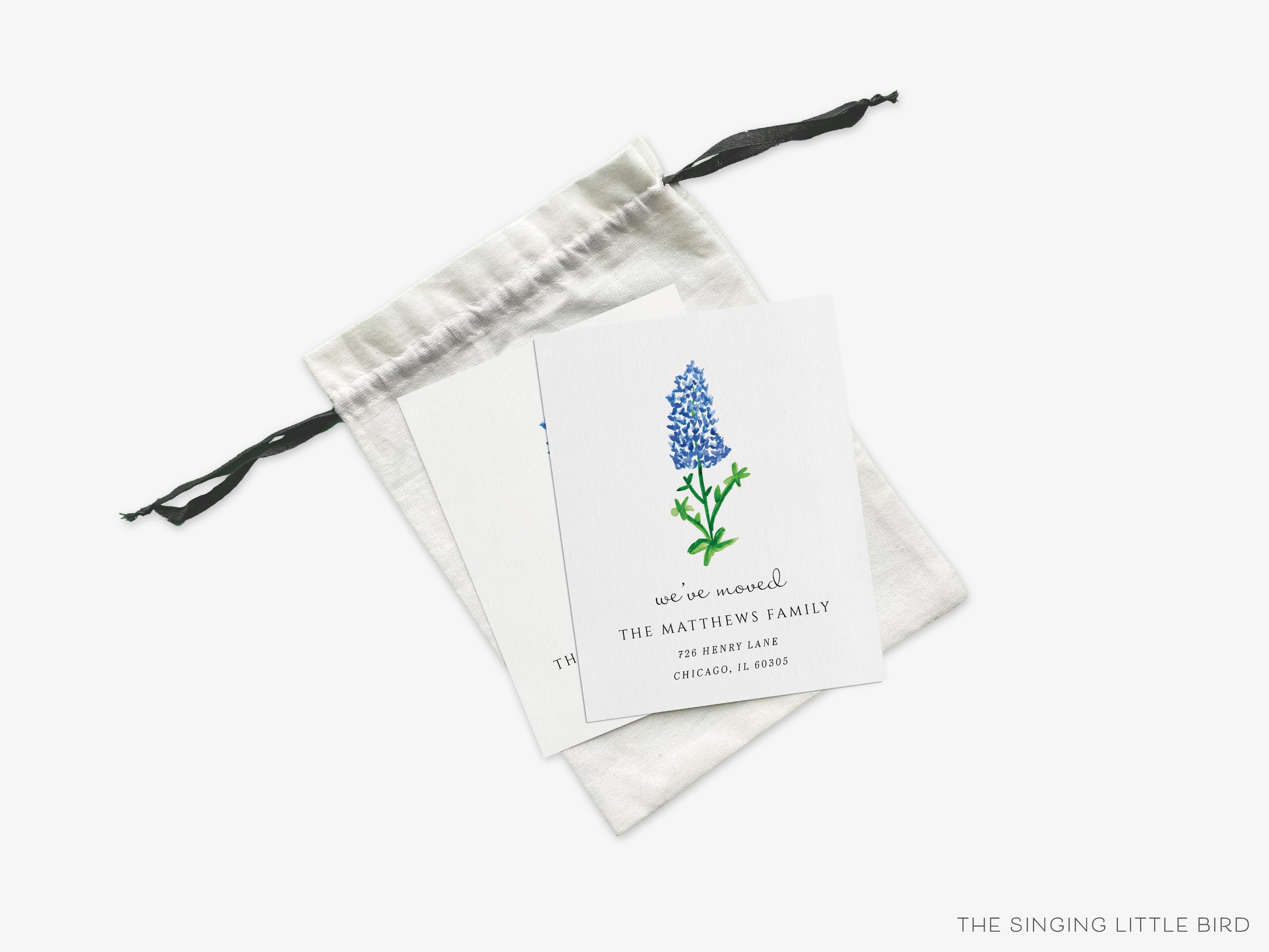 Texas Bluebonnet Moving Announcement-These personalized flat change of address cards are 4.25x5.5 and feature our hand-painted watercolor bluebonnet printed in the USA on 120lb textured stock. They come with your choice of envelopes and make great moving announcements for the floral lover.-The Singing Little Bird