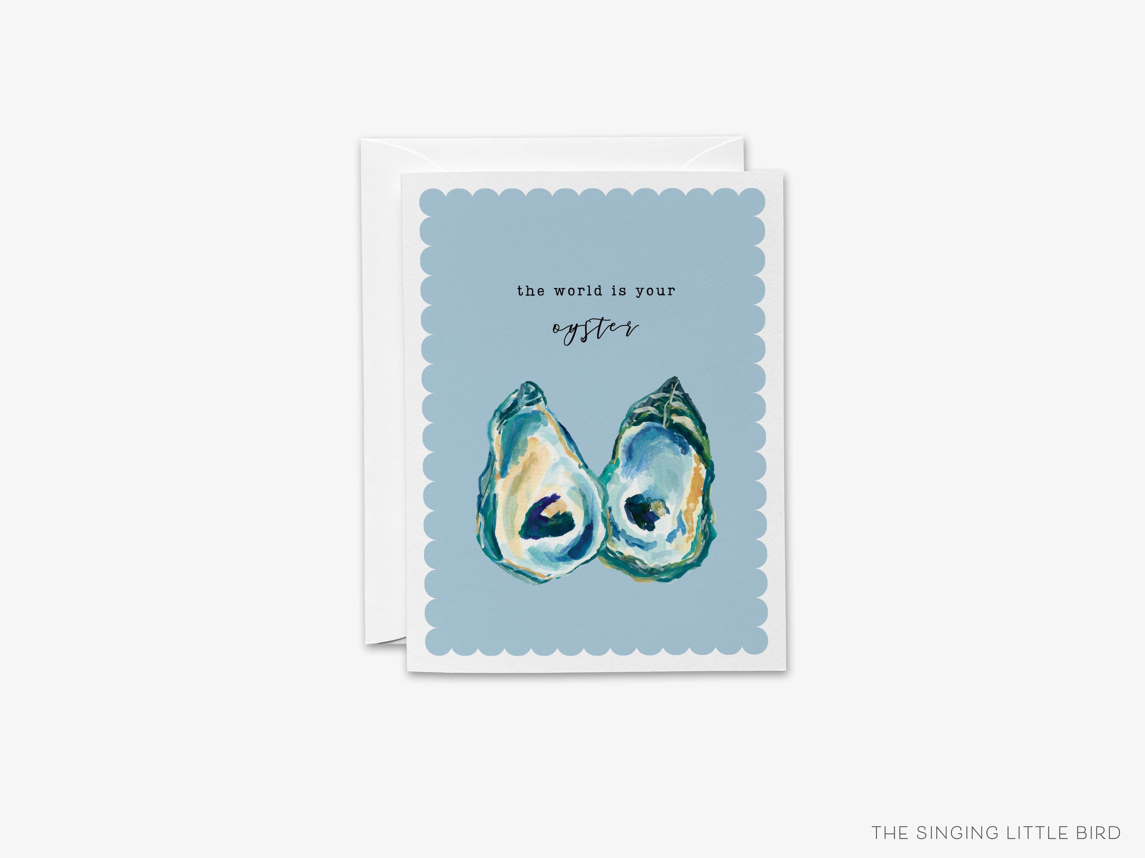 The World Is Your Oyster Card-These folded graduation cards are 4.25x5.5 and feature our hand-painted watercolor birthday sheep, printed in the USA on 100lb textured stock. They come with a White envelope and make a great congrats card for the oyster lover in your life.-The Singing Little Bird