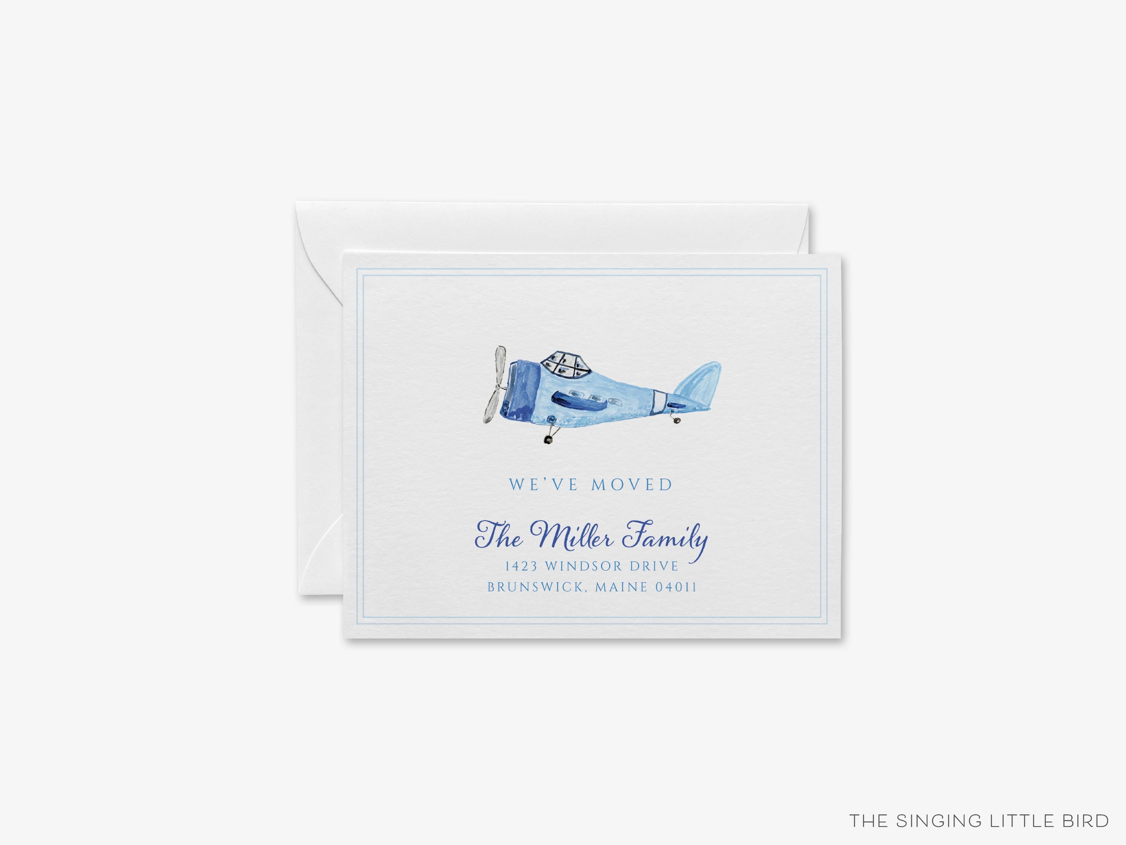 Vintage Plane Moving Announcement-These personalized flat change of address cards are 4.25x5.5 and feature our hand-painted watercolor Vintage Plane, printed in the USA on 120lb textured stock. They come with your choice of envelopes and make great moving announcements for the vintage lover.-The Singing Little Bird