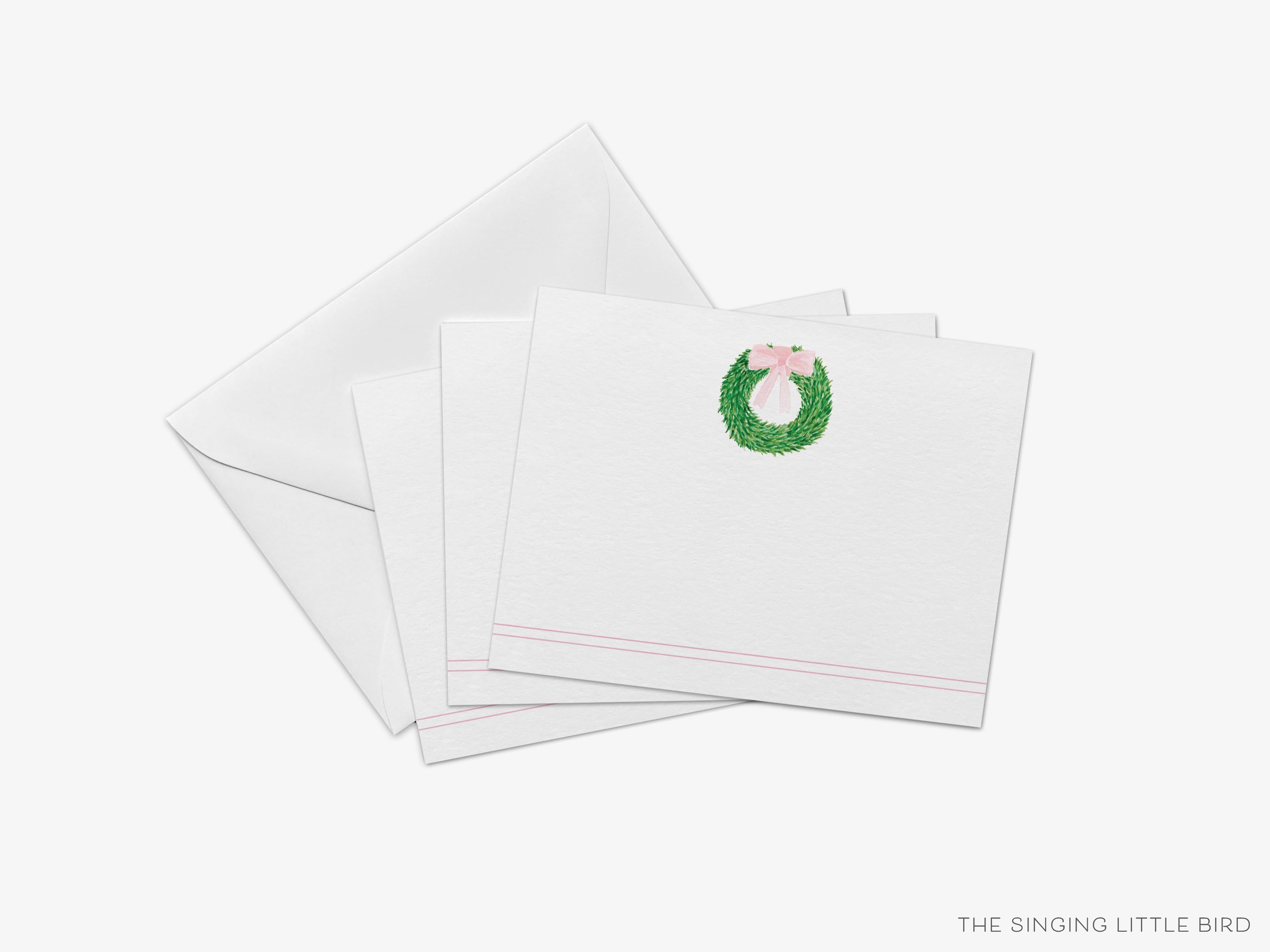 Wreath with Pink Bow Flat Notes [Sets of 8]-These flat notecards are 4.25x5.5 and feature our hand-painted watercolor wreath with a bow, printed in the USA on 120lb textured stock. They come with white envelopes and make great thank yous and gifts for the spring lover in your life.-The Singing Little Bird