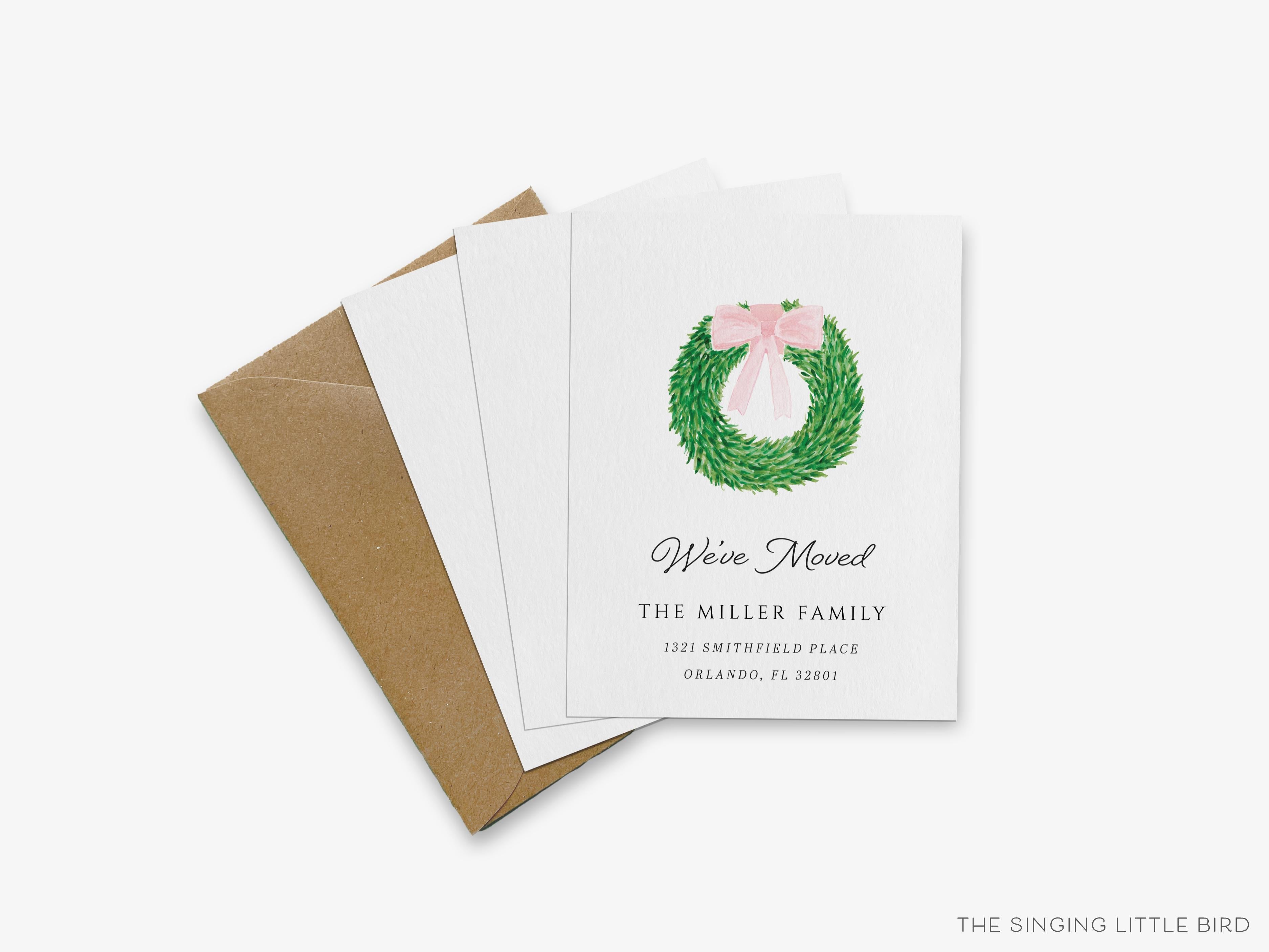 Wreath with Pink Bow Moving Announcement-These personalized flat change of address cards are 4.25x5.5 and feature our hand-painted watercolor wreath with a bow, printed in the USA on 120lb textured stock. They come with your choice of envelopes and make great moving announcements for the greenery lover.-The Singing Little Bird
