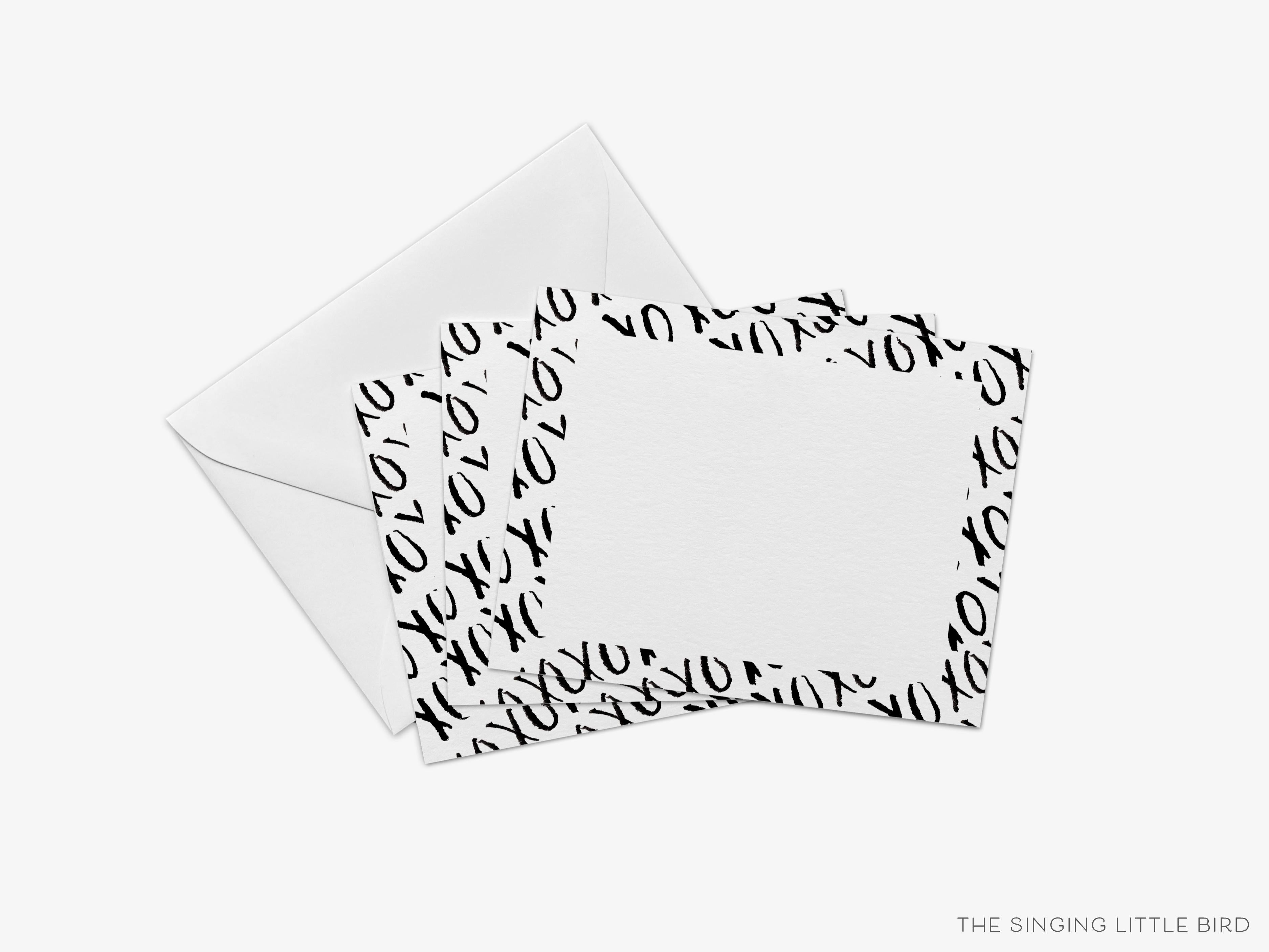 XOXO Black and White Flat Notes [Sets of 8]-These flat notecards are 4.25x5.5 and feature our hand-painted watercolor XO design, printed in the USA on 120lb textured stock. They come with white envelopes and make great thank yous and gifts for the hugs and kisses lover in your life.-The Singing Little Bird
