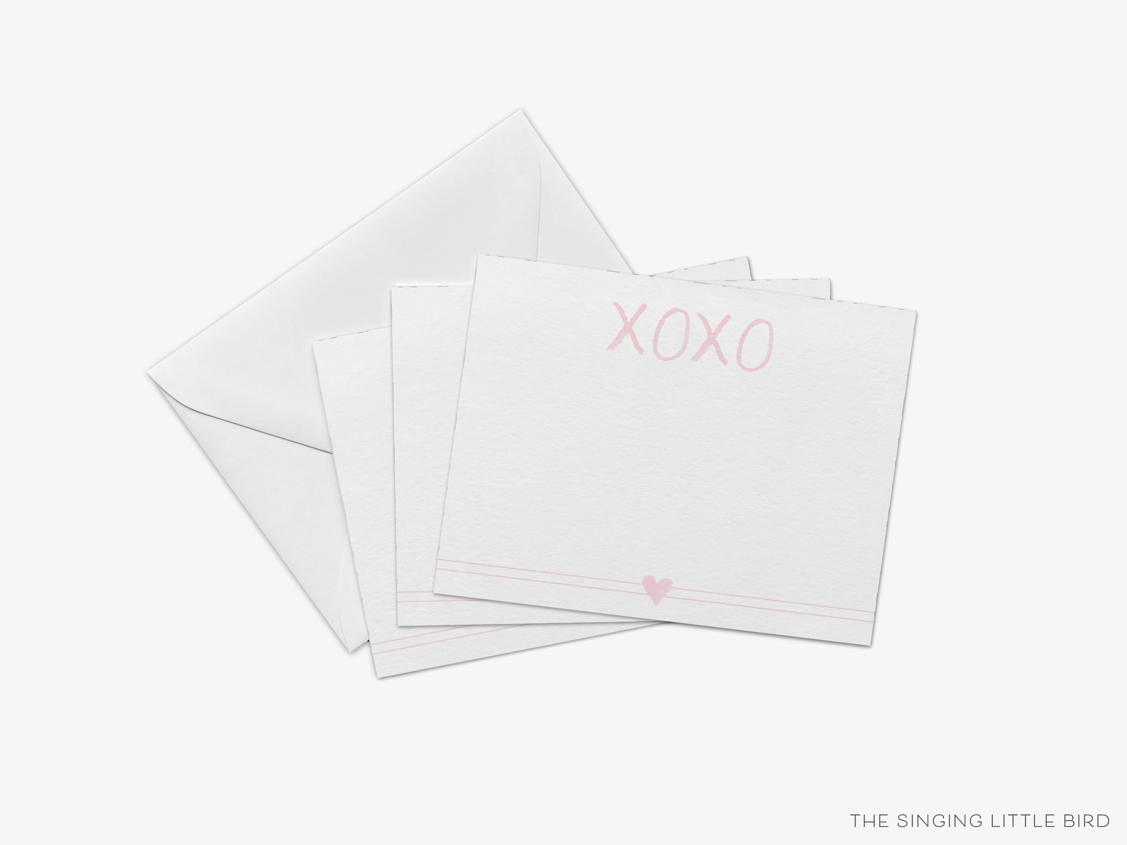 XOXO Pink heart Flat Notes [Sets of 8]-These flat notecards are 4.25x5.5 and feature our hand-painted watercolor XO pink heart, printed in the USA on 120lb textured stock. They come with white envelopes and make great thank yous and gifts for the pink heart lover in your life.-The Singing Little Bird